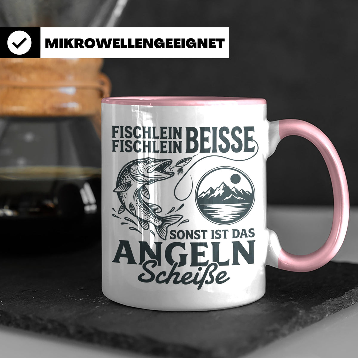 Angler Tasse Hecht Spruch Fischlein Beisse, Lustige Kaffeeta – Rosa [farbe:rosa]