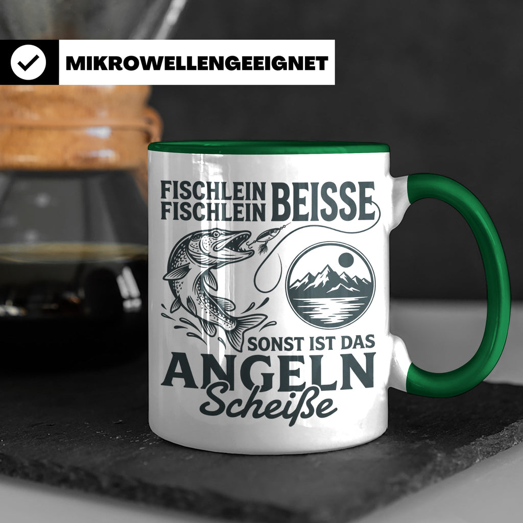 Angler Tasse Hecht Spruch Fischlein Beisse, Lustige Kaffeeta – Grün [farbe:grün]