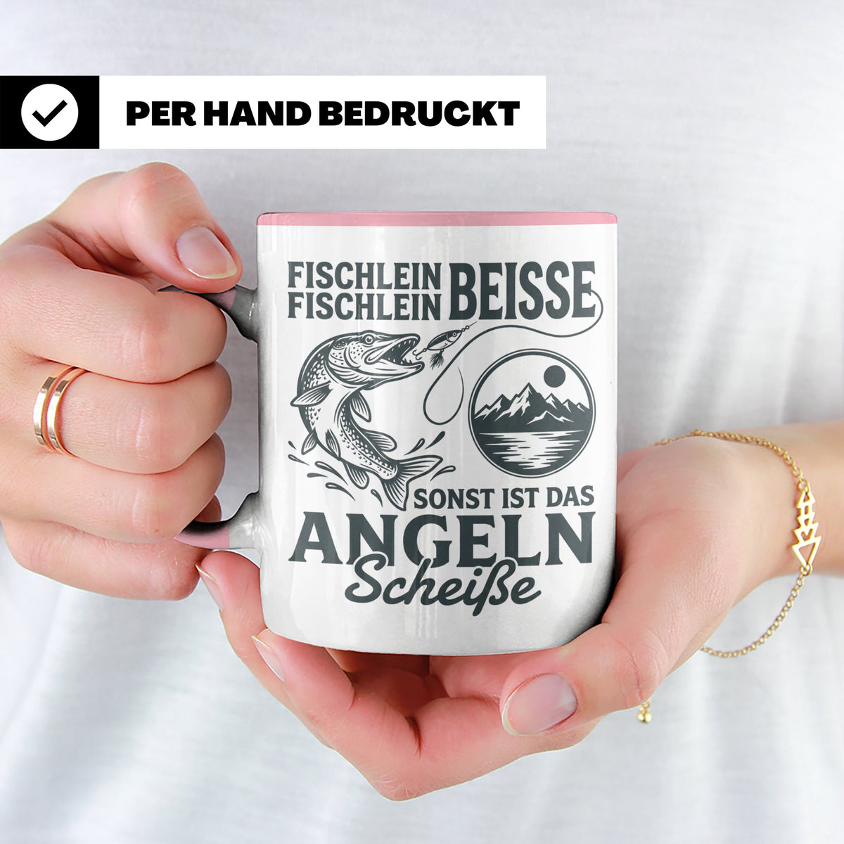 Angler Tasse Hecht Spruch Fischlein Beisse, Lustige Kaffeeta – Rosa [farbe:rosa]