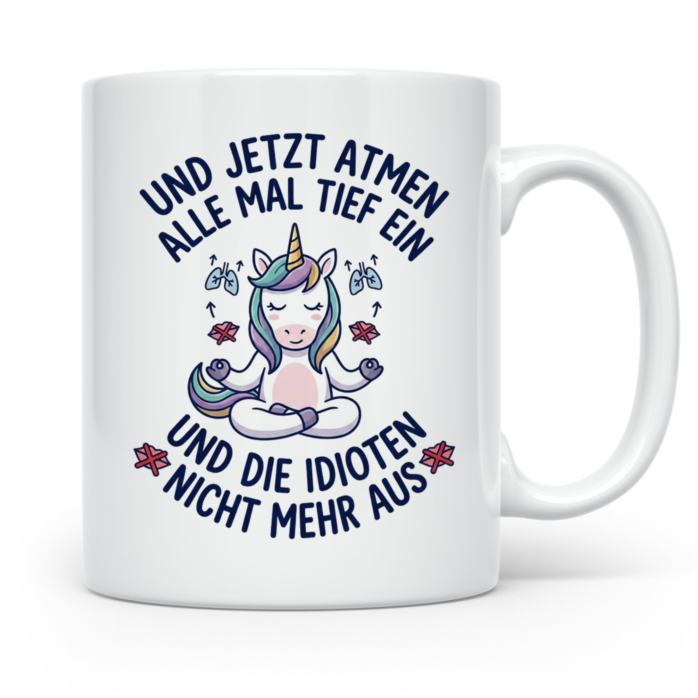 Einhorn Tasse mit Spruch 'Idioten nicht ausatmen' lustige Bü – Weiß [farbe:weiß]