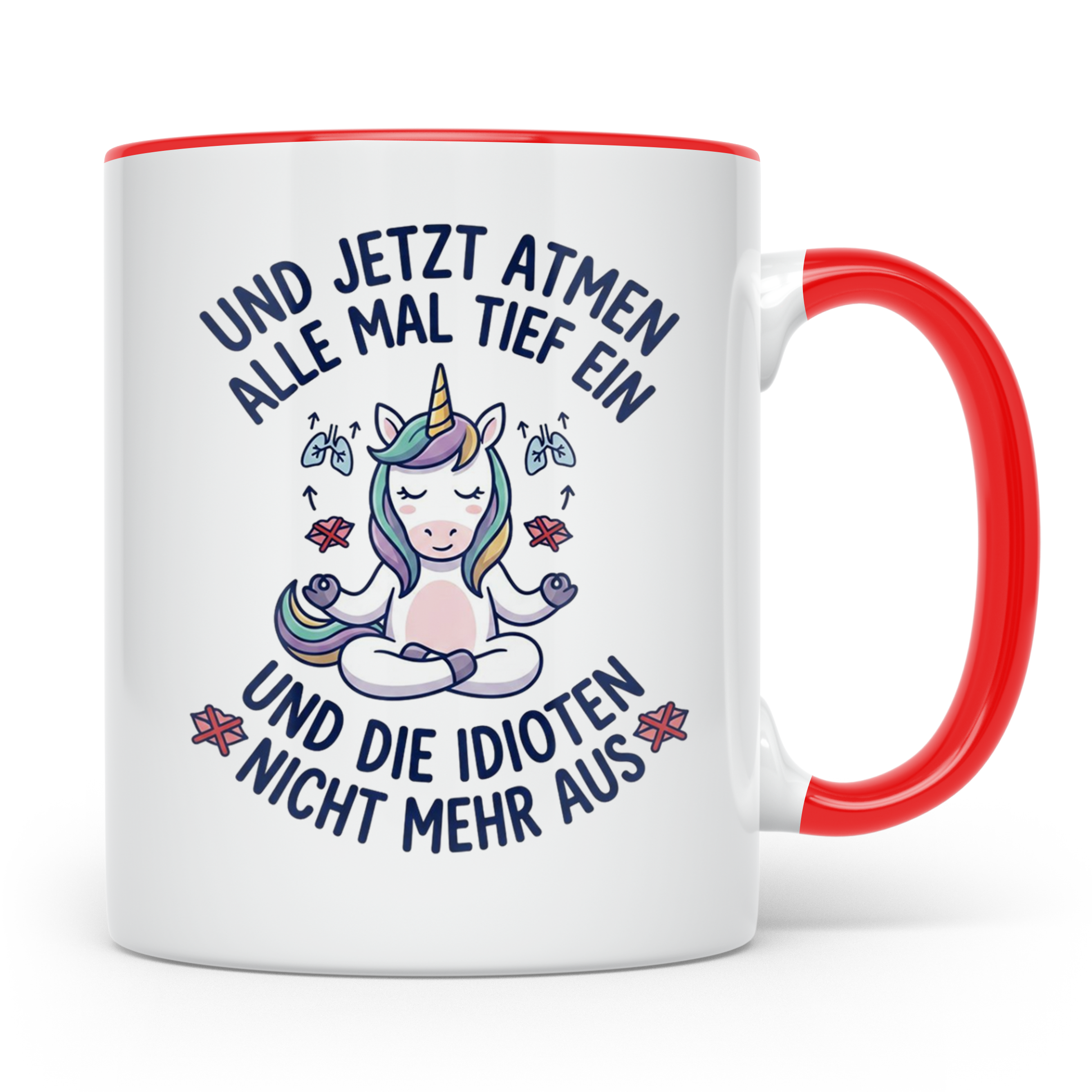 Einhorn Tasse mit Spruch 'Idioten nicht ausatmen' lustige Bü – Rot [farbe:rot]