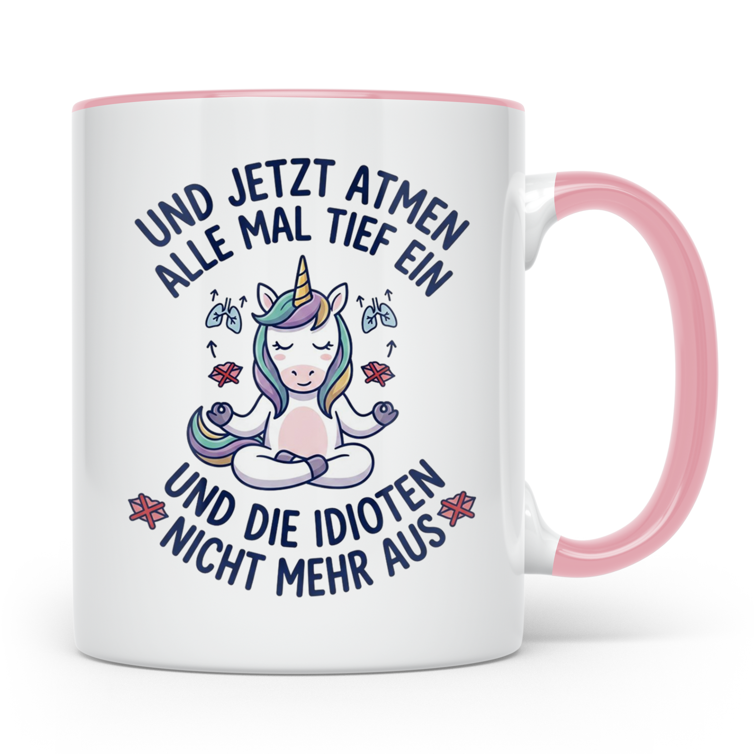 Einhorn Tasse mit Spruch 'Idioten nicht ausatmen' lustige Bü – Rosa [farbe:rosa]