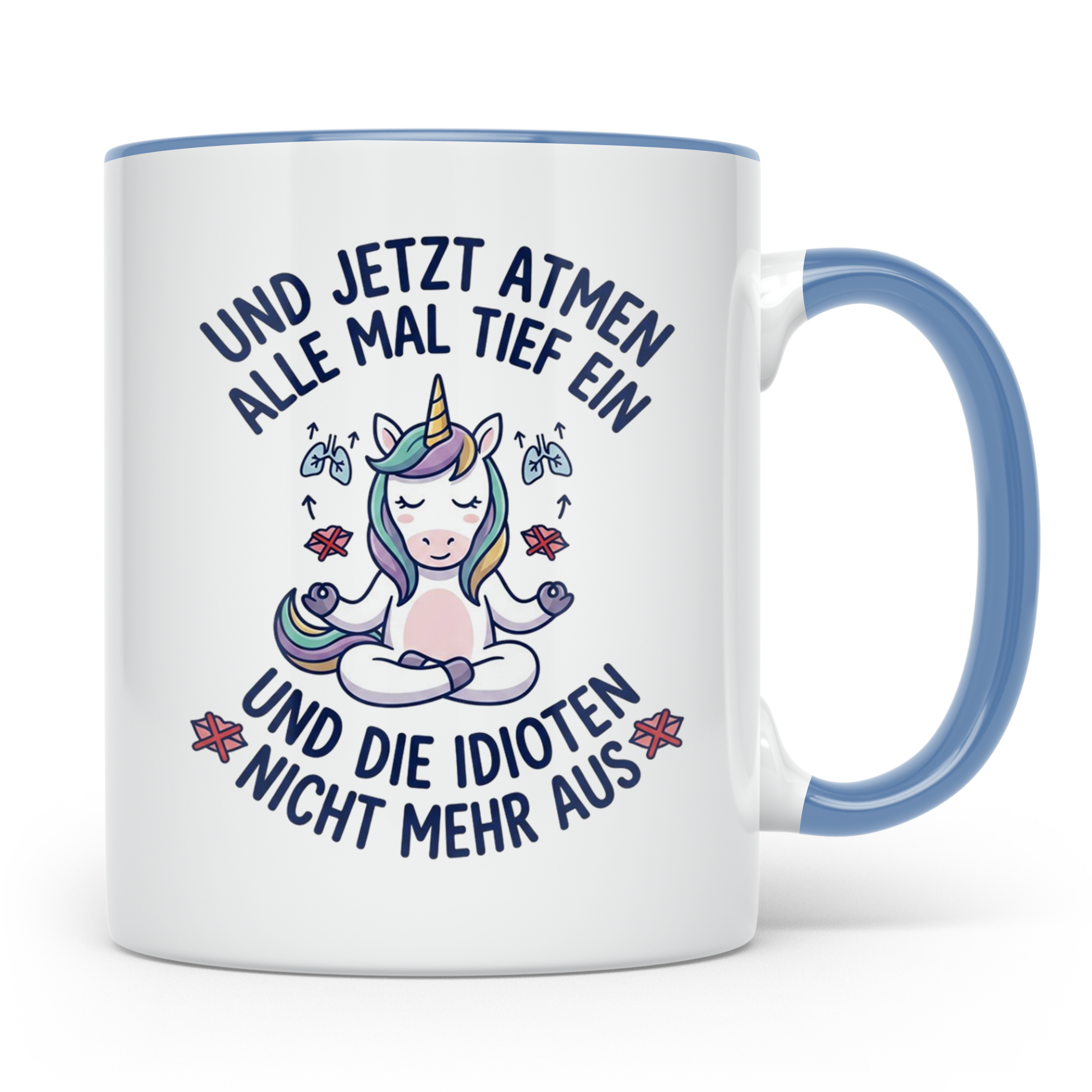 Einhorn Tasse mit Spruch 'Idioten nicht ausatmen' lustige Bü – Blau [farbe:blau]