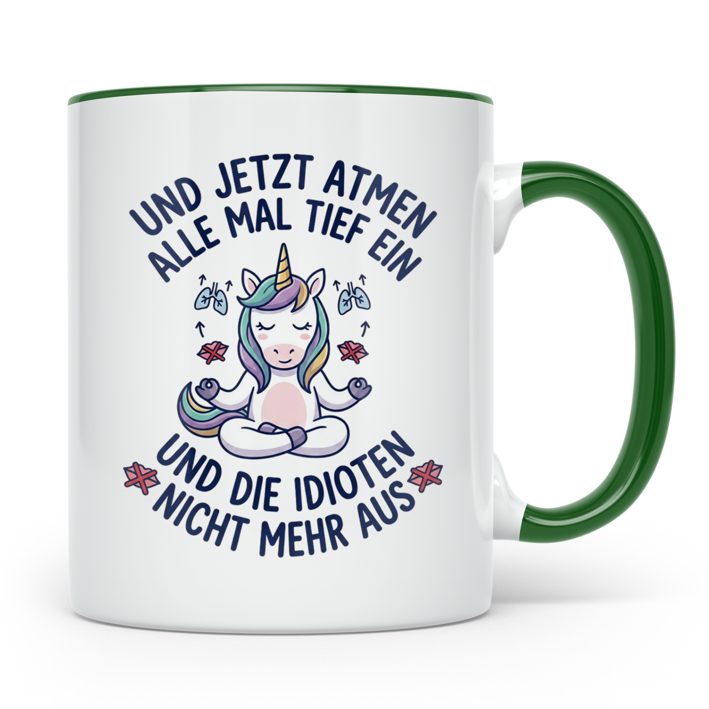 Einhorn Tasse mit Spruch 'Idioten nicht ausatmen' lustige Bü – Grün [farbe:grün]