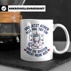 Einhorn Tasse mit Spruch 'Idioten nicht ausatmen' lustige Bü – Weiß [farbe:weiß]