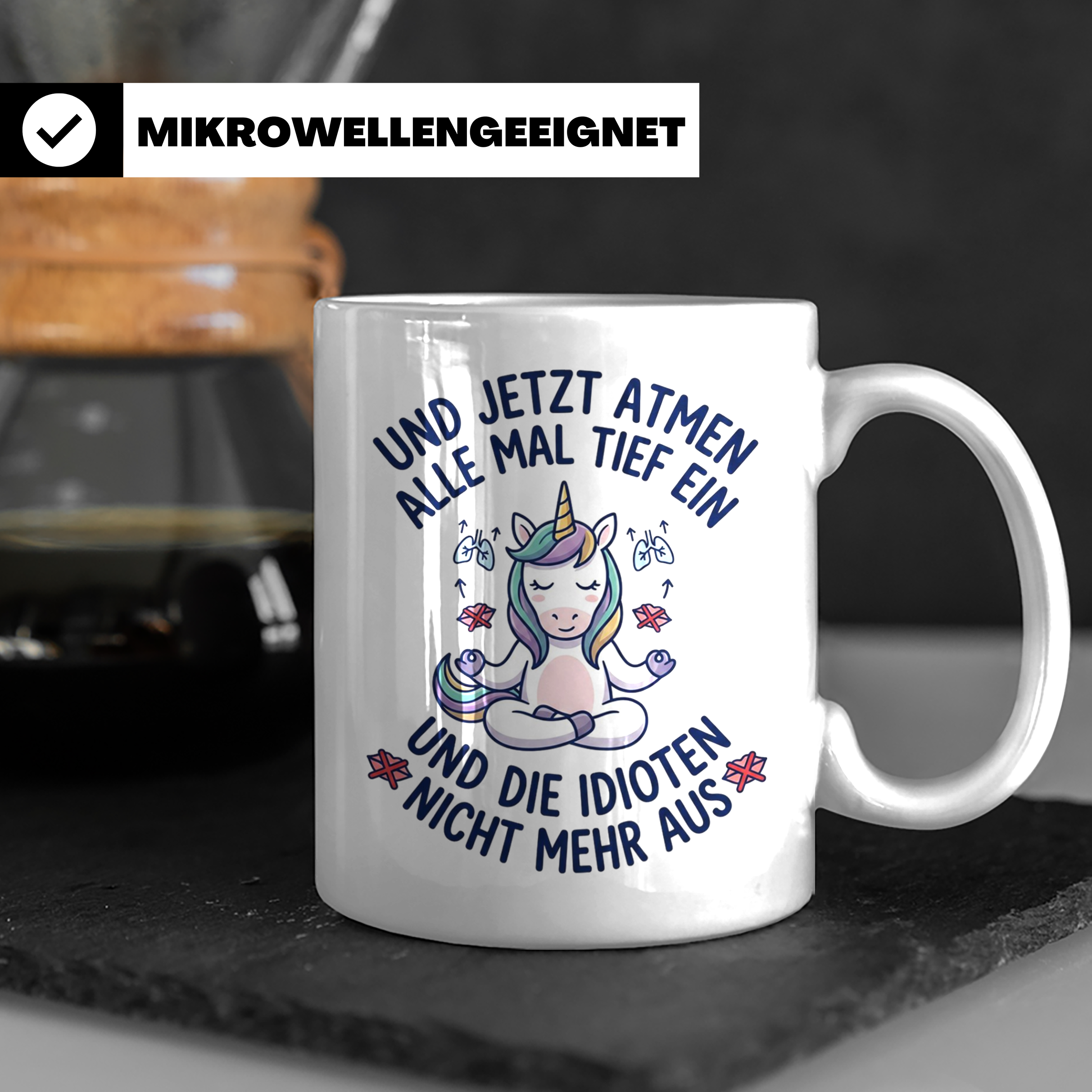 Einhorn Tasse mit Spruch 'Idioten nicht ausatmen' lustige Bü – Weiß [farbe:weiß]