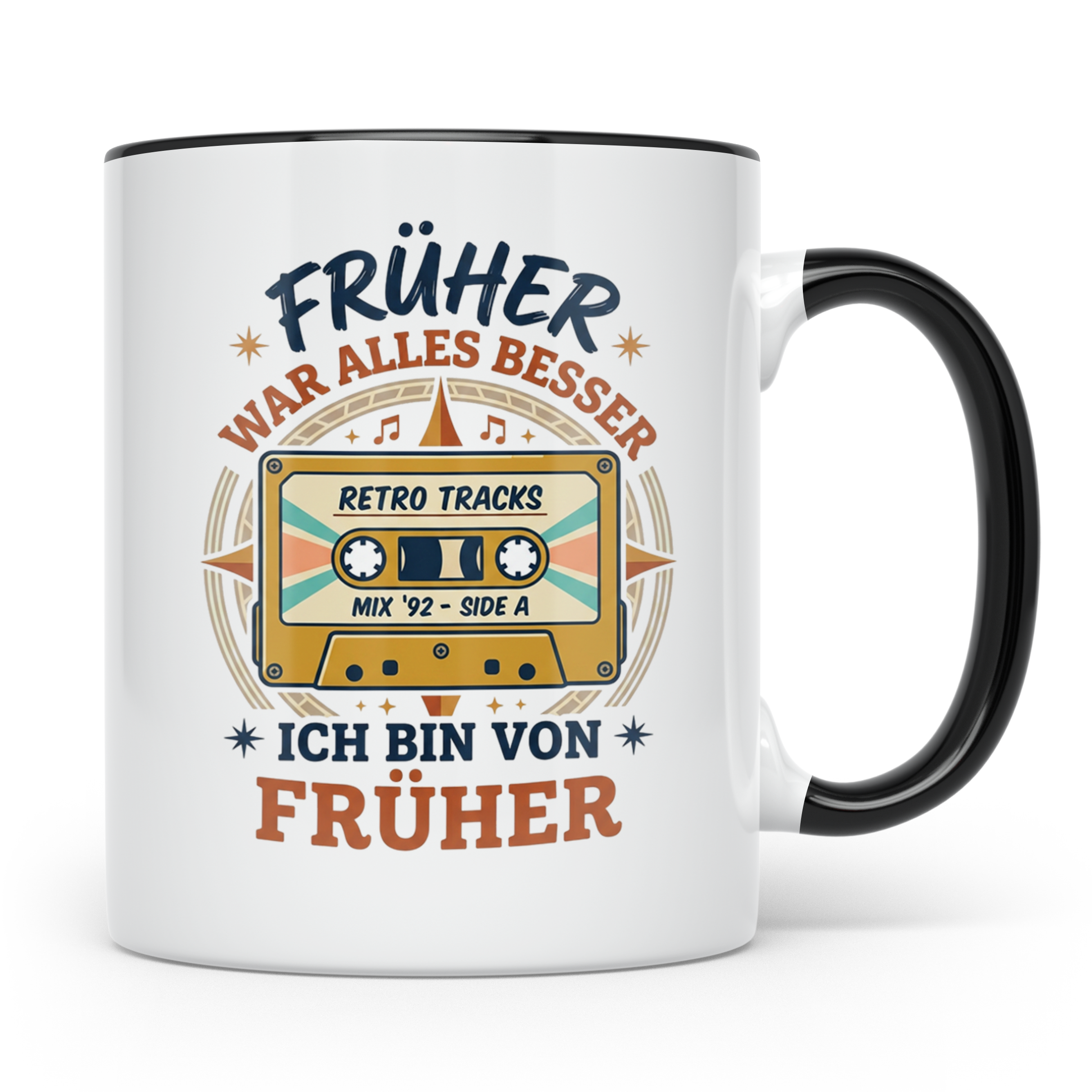 Früher war alles besser Tasse mit Kassette, Retro Spruch, 80 – Schwarz [farbe:schwarz]