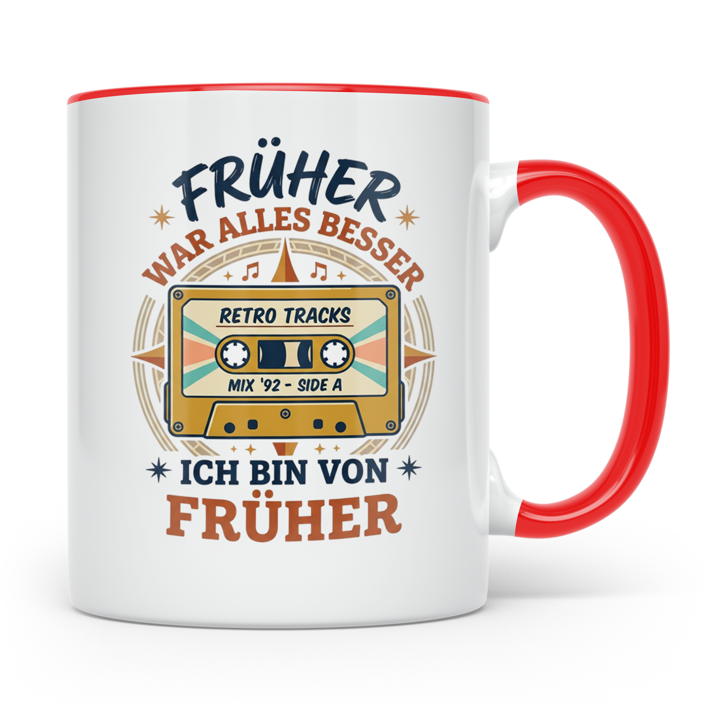 Früher war alles besser Tasse mit Kassette, Retro Spruch, 80 – Rot [farbe:rot]