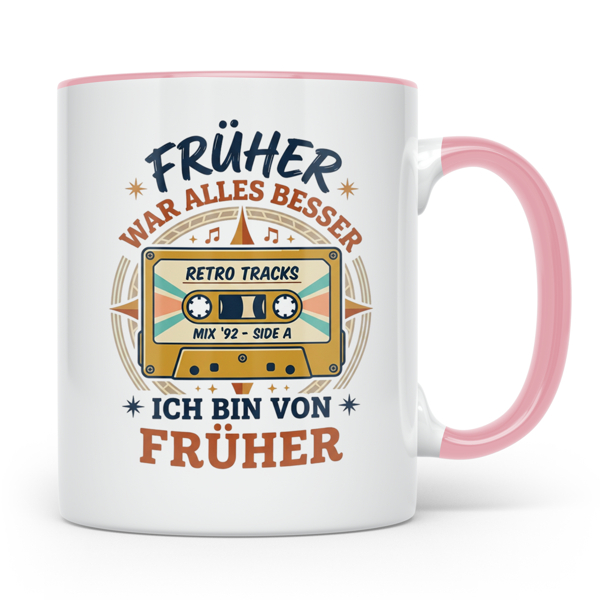 Früher war alles besser Tasse mit Kassette, Retro Spruch, 80 – Rosa [farbe:rosa]