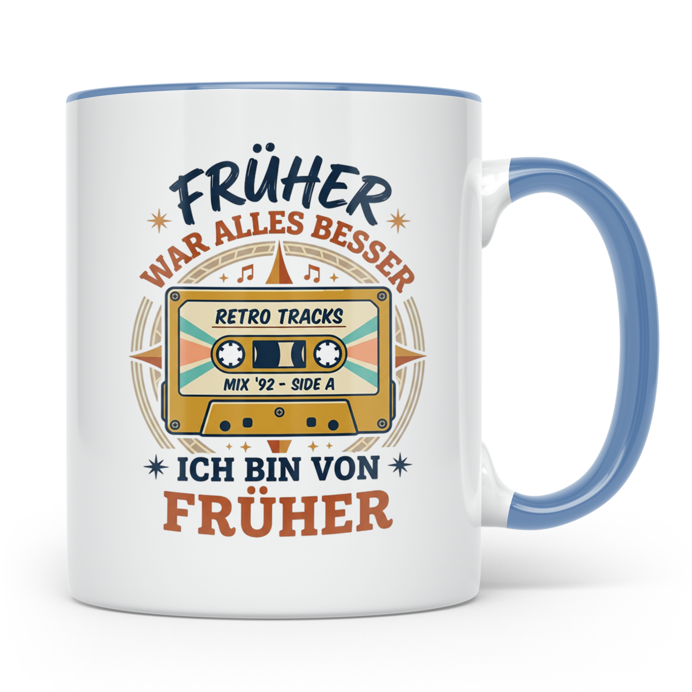 Früher war alles besser Tasse mit Kassette, Retro Spruch, 80 – Blau [farbe:blau]