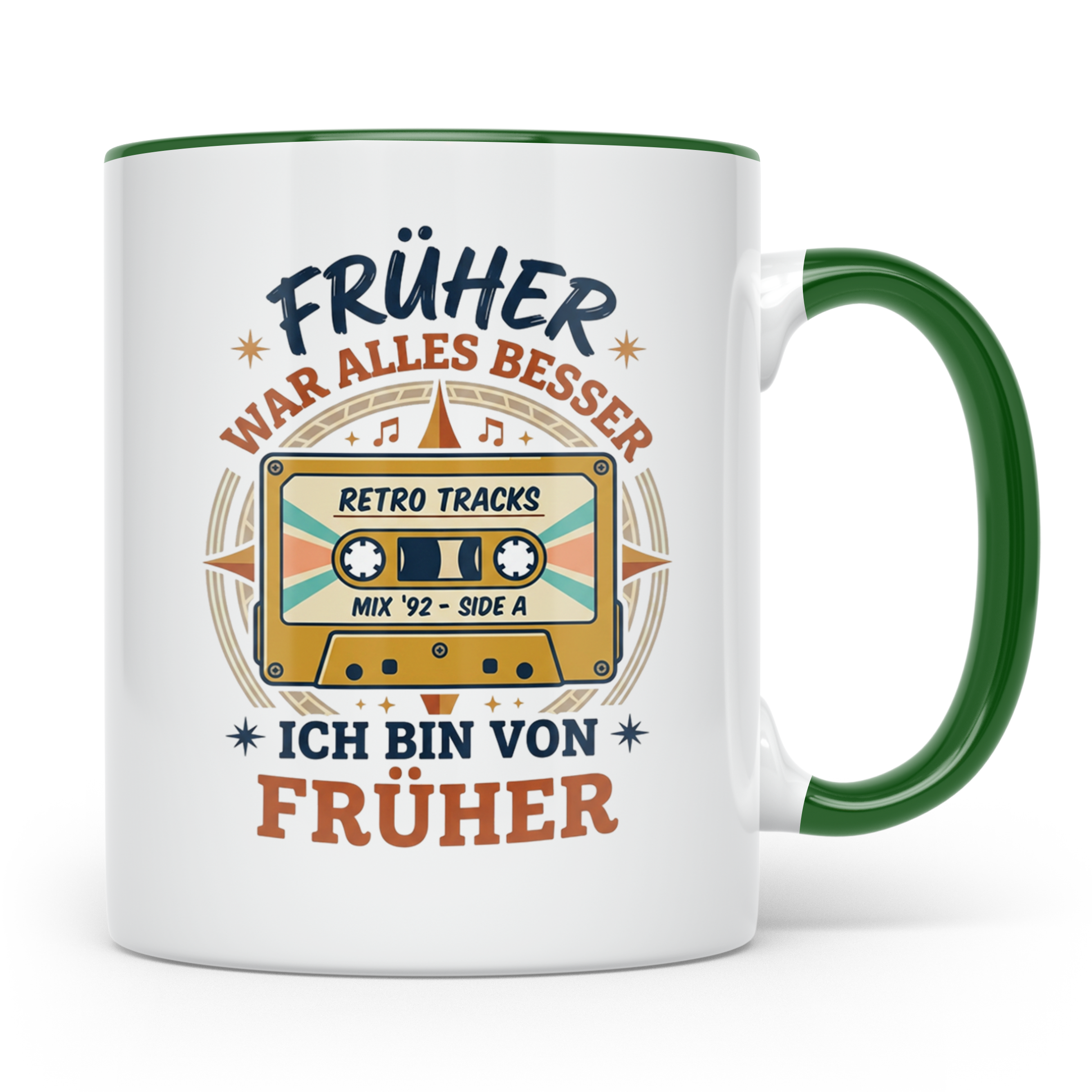 Früher war alles besser Tasse mit Kassette, Retro Spruch, 80 – Grün [farbe:grün]