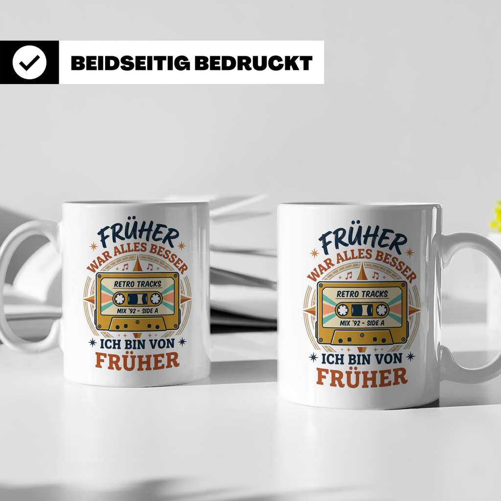 Früher war alles besser Tasse mit Kassette, Retro Spruch, 80 – Weiß [farbe:weiß]
