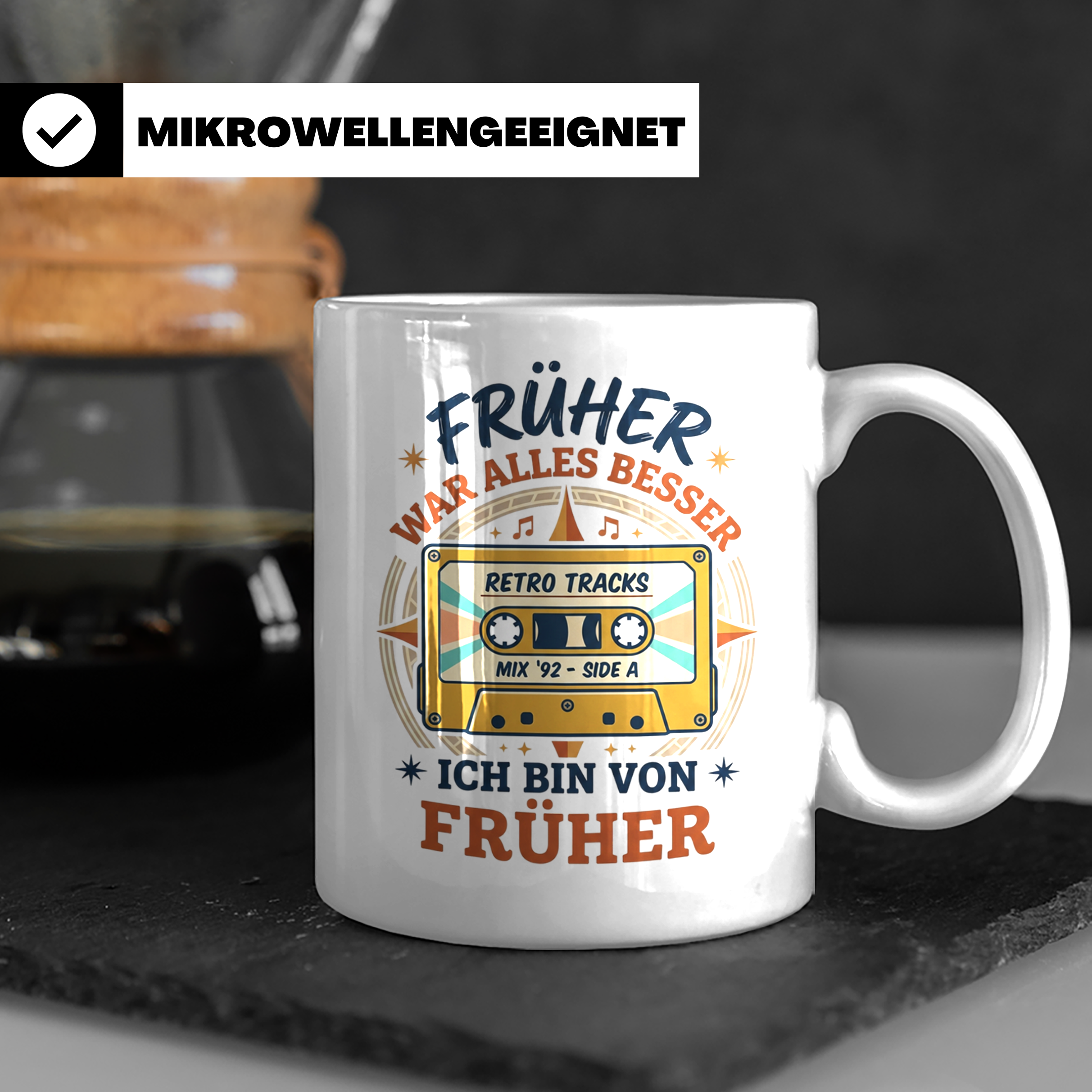 Früher war alles besser Tasse mit Kassette, Retro Spruch, 80 – Weiß [farbe:weiß]