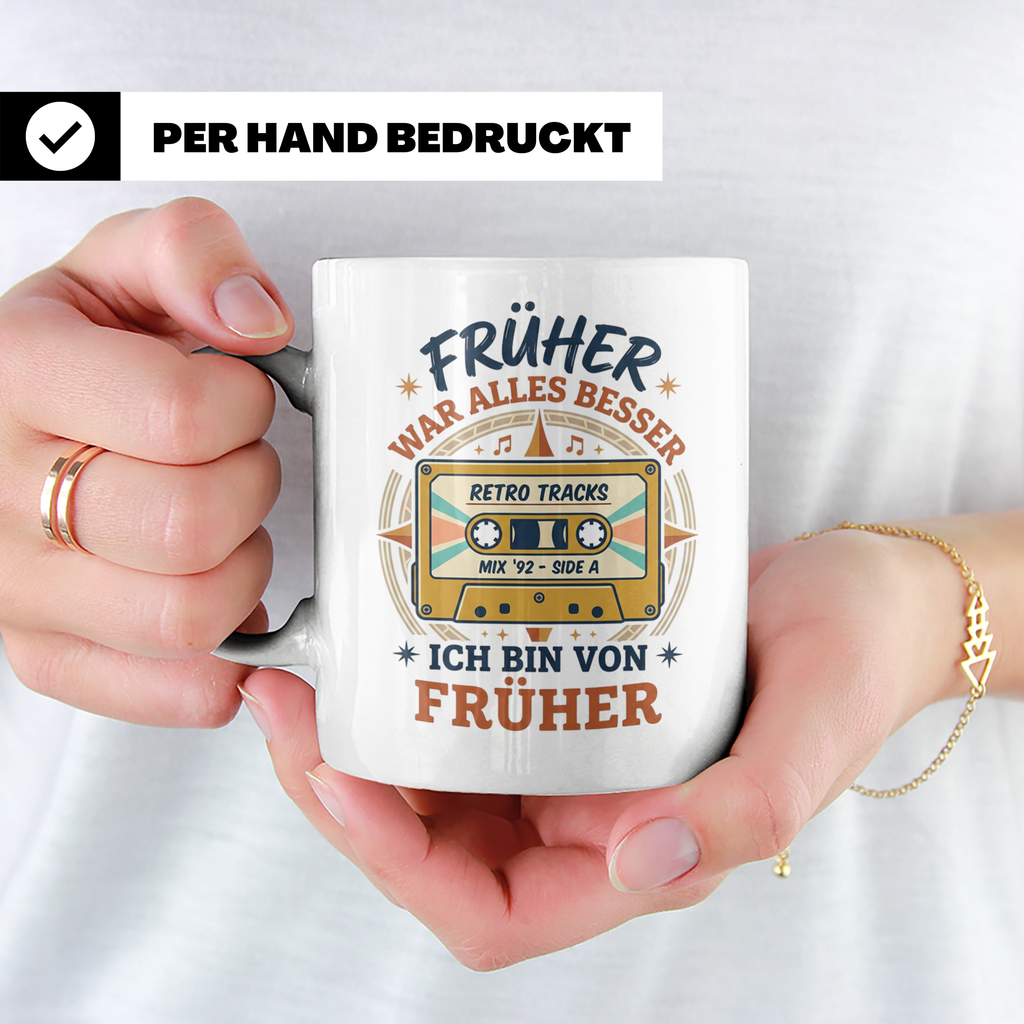 Früher war alles besser Tasse mit Kassette, Retro Spruch, 80 – Weiß [farbe:weiß]
