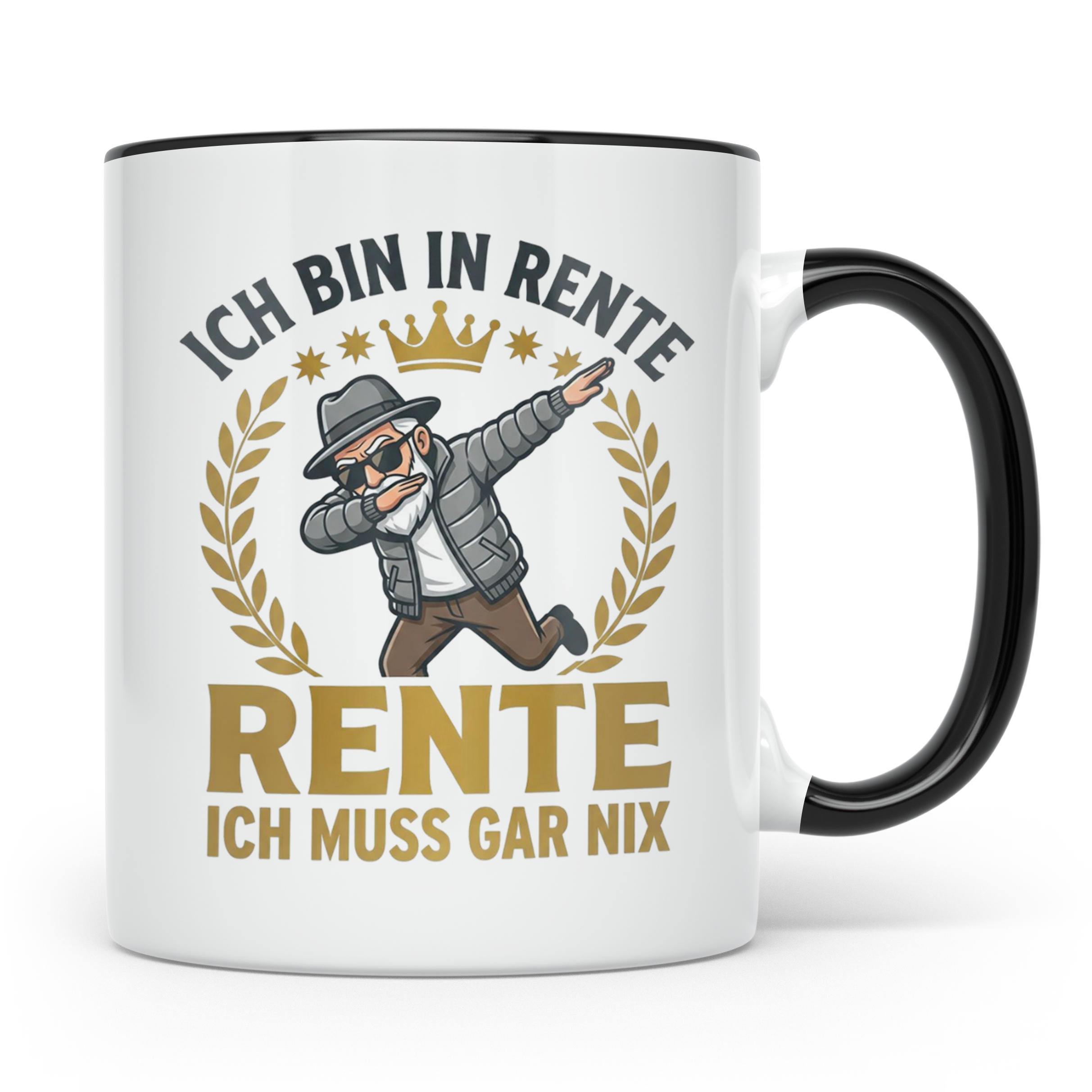 Rentner Tasse mit Spruch Ich bin in Rente ich muss gar nix,  – Schwarz [farbe:schwarz]