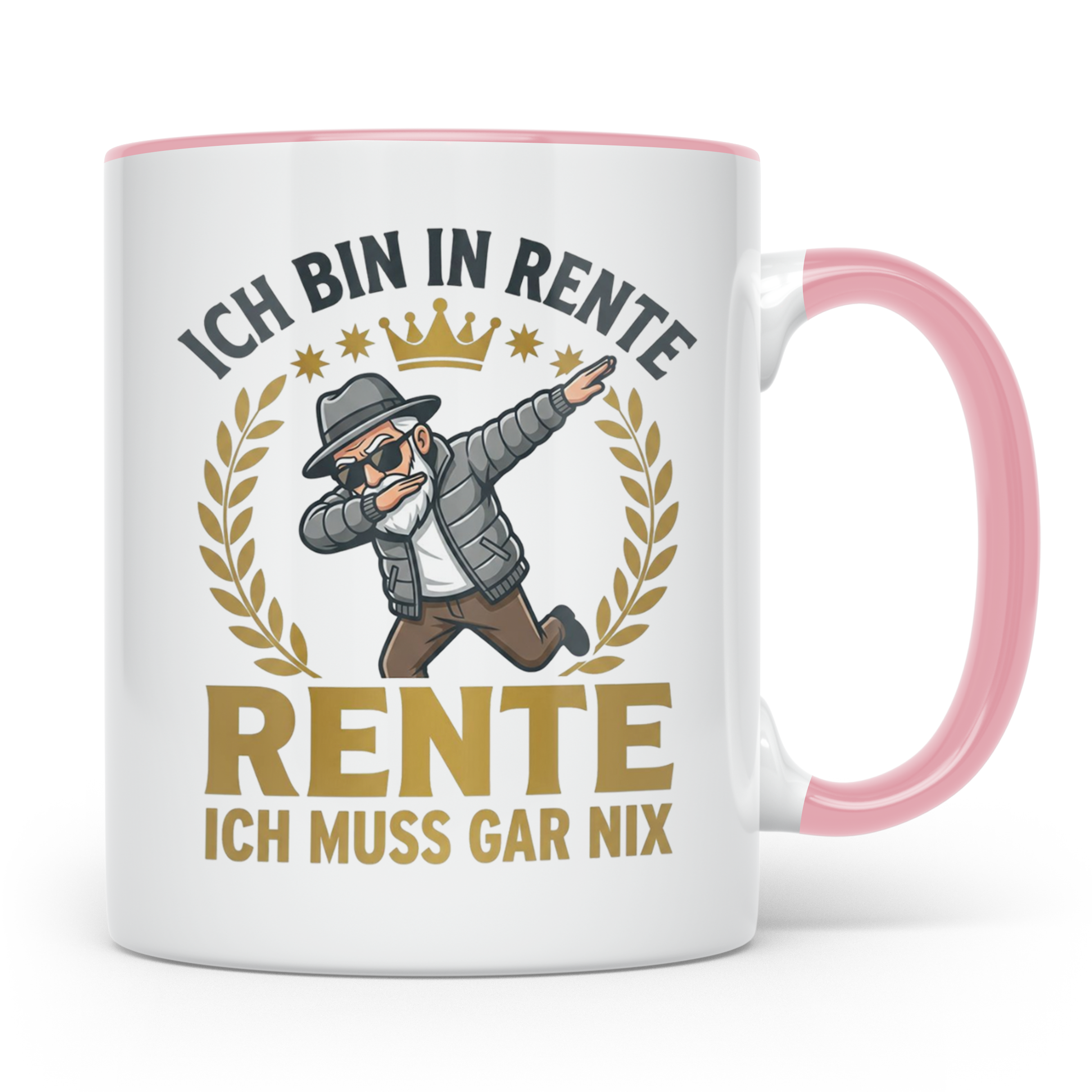 Rentner Tasse mit Spruch Ich bin in Rente ich muss gar nix,  – Rosa [farbe:rosa]