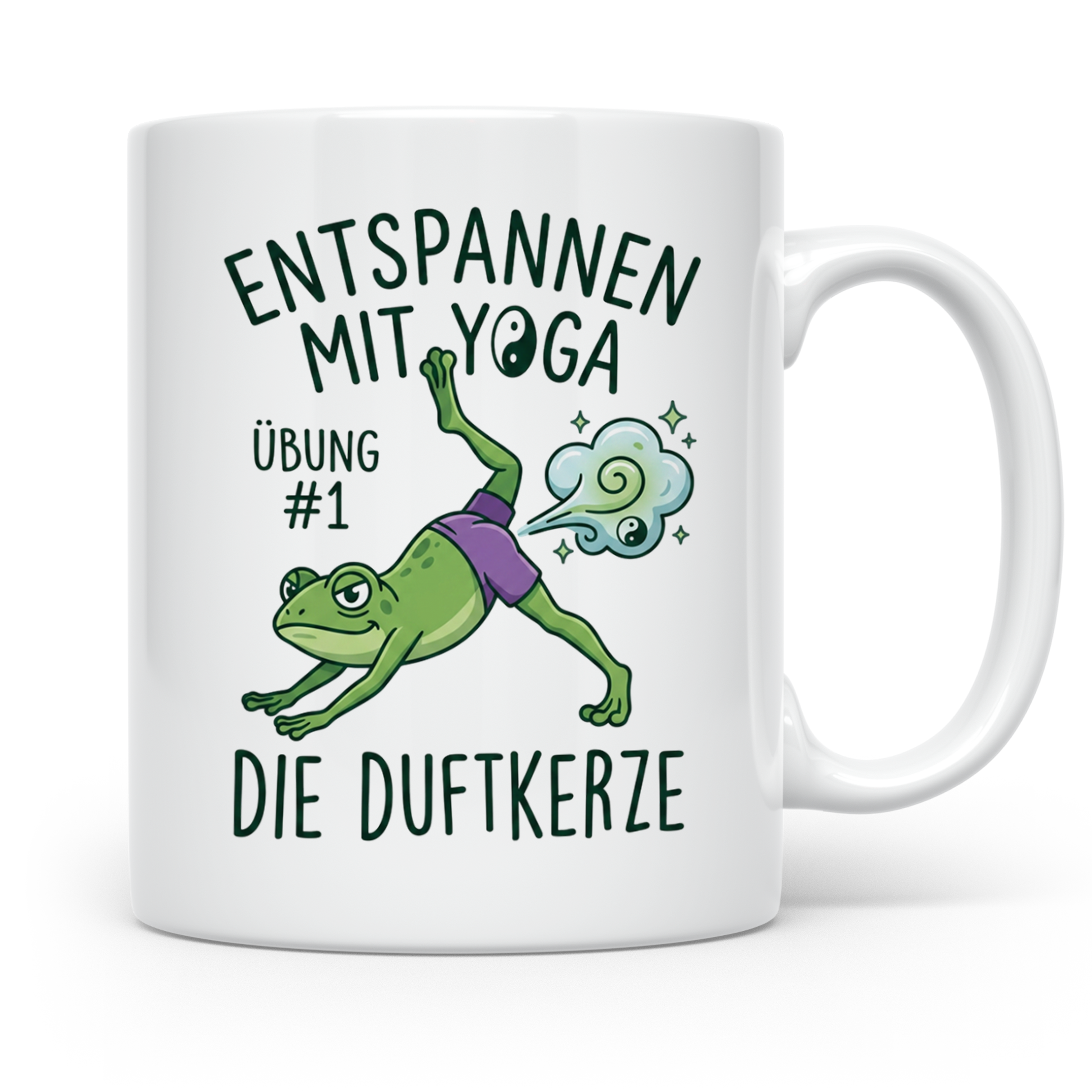 Yoga Frosch Tasse 'Die Duftkerze' lustig, Pups Spruch für Yo – Weiß [farbe:weiß]