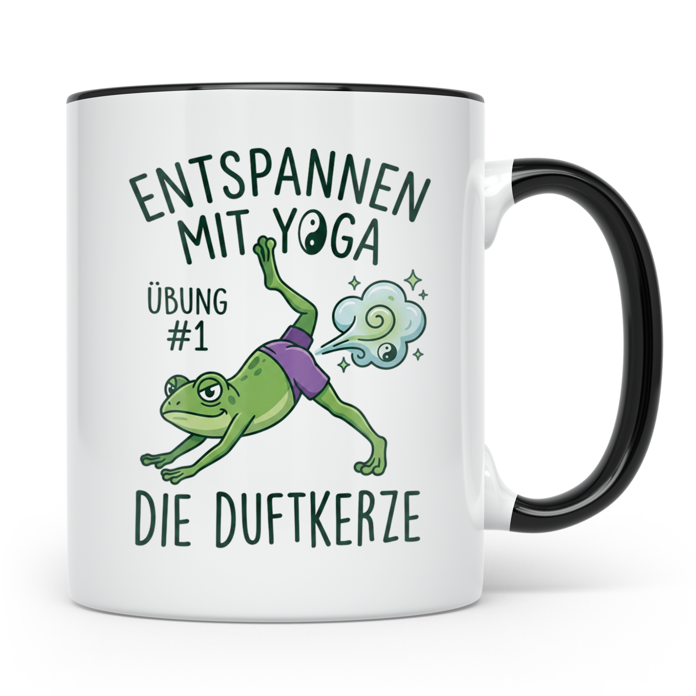 Yoga Frosch Tasse 'Die Duftkerze' lustig, Pups Spruch für Yo – Schwarz [farbe:schwarz]