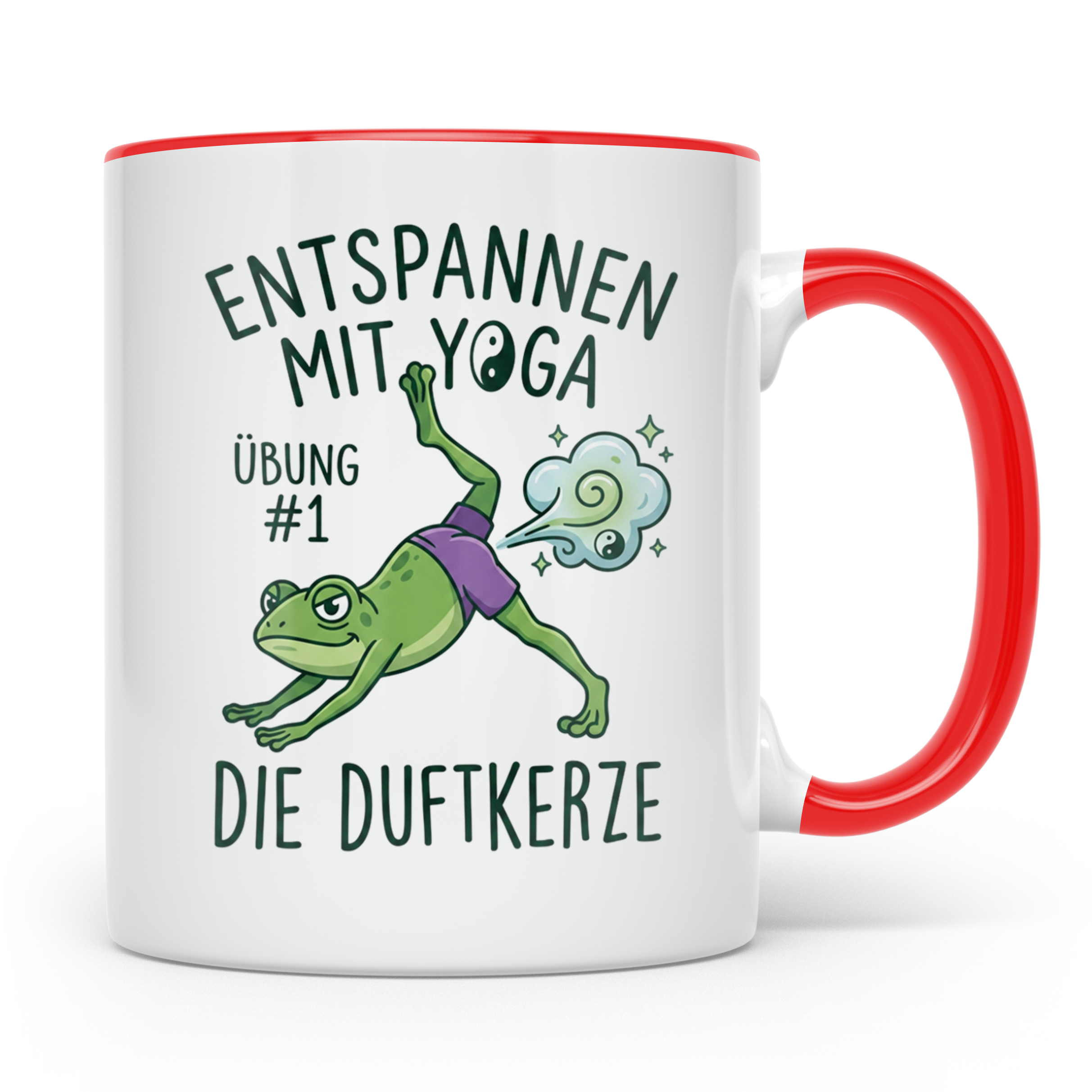Yoga Frosch Tasse 'Die Duftkerze' lustig, Pups Spruch für Yo – Rot [farbe:rot]