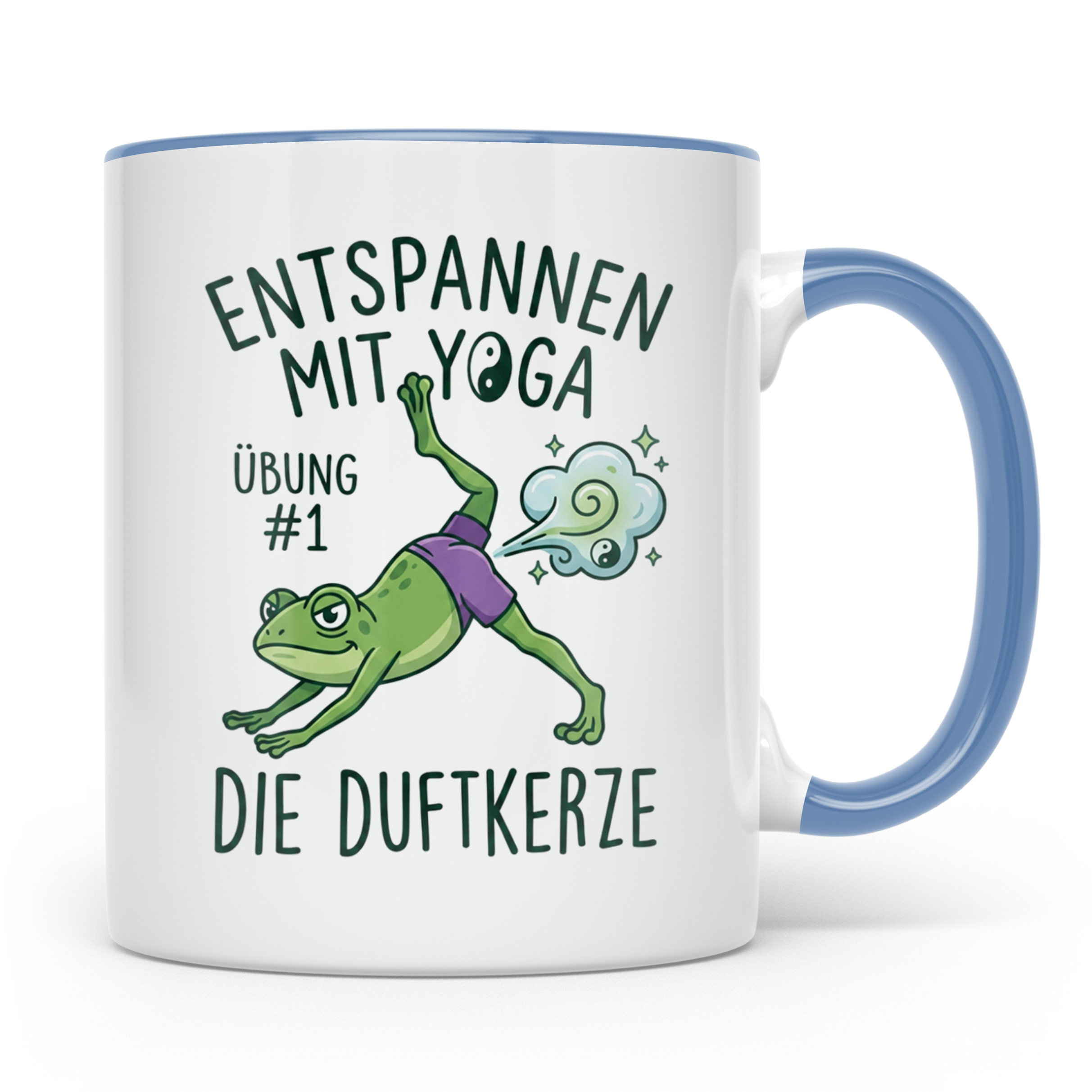 Yoga Frosch Tasse 'Die Duftkerze' lustig, Pups Spruch für Yo – Blau [farbe:blau]