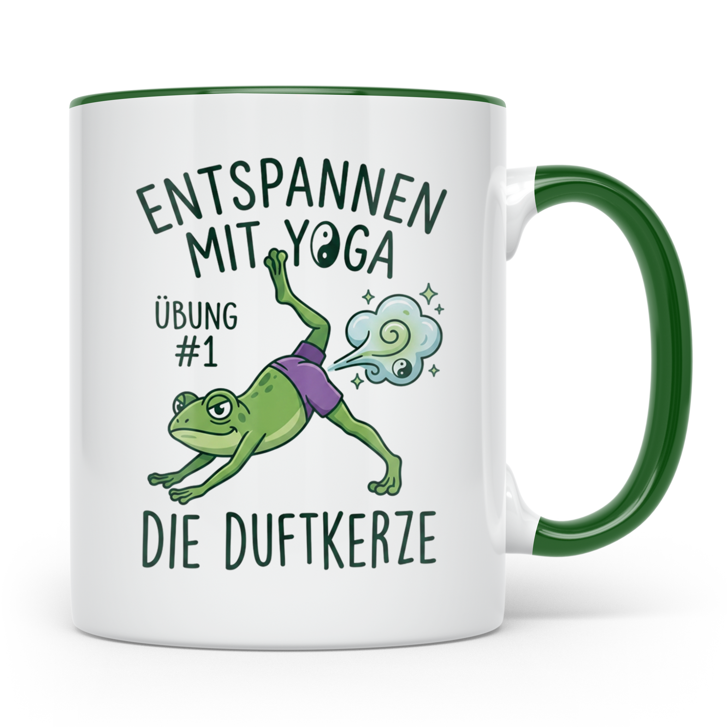 Yoga Frosch Tasse 'Die Duftkerze' lustig, Pups Spruch für Yo – Grün [farbe:grün]