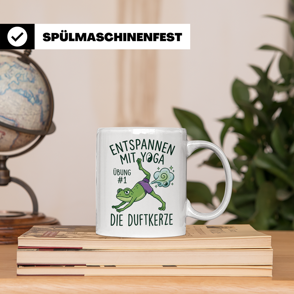 Yoga Frosch Tasse 'Die Duftkerze' lustig, Pups Spruch für Yo – Weiß [farbe:weiß]
