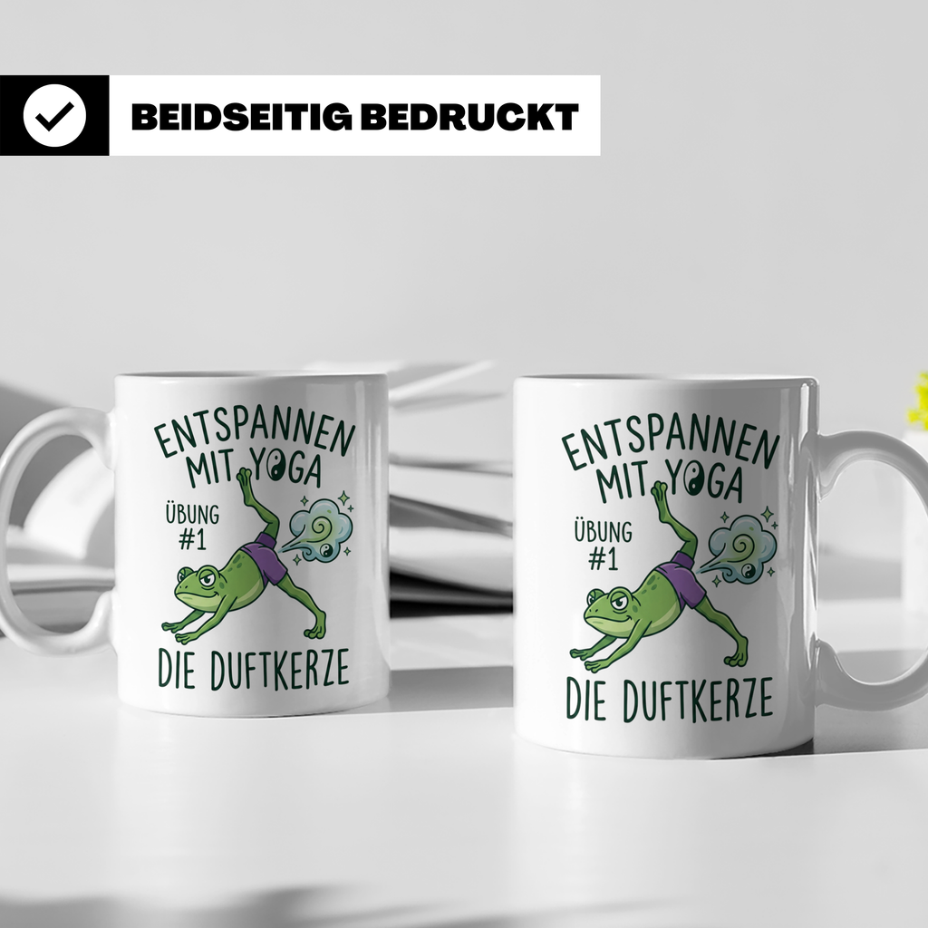 Yoga Frosch Tasse 'Die Duftkerze' lustig, Pups Spruch für Yo – Weiß [farbe:weiß]