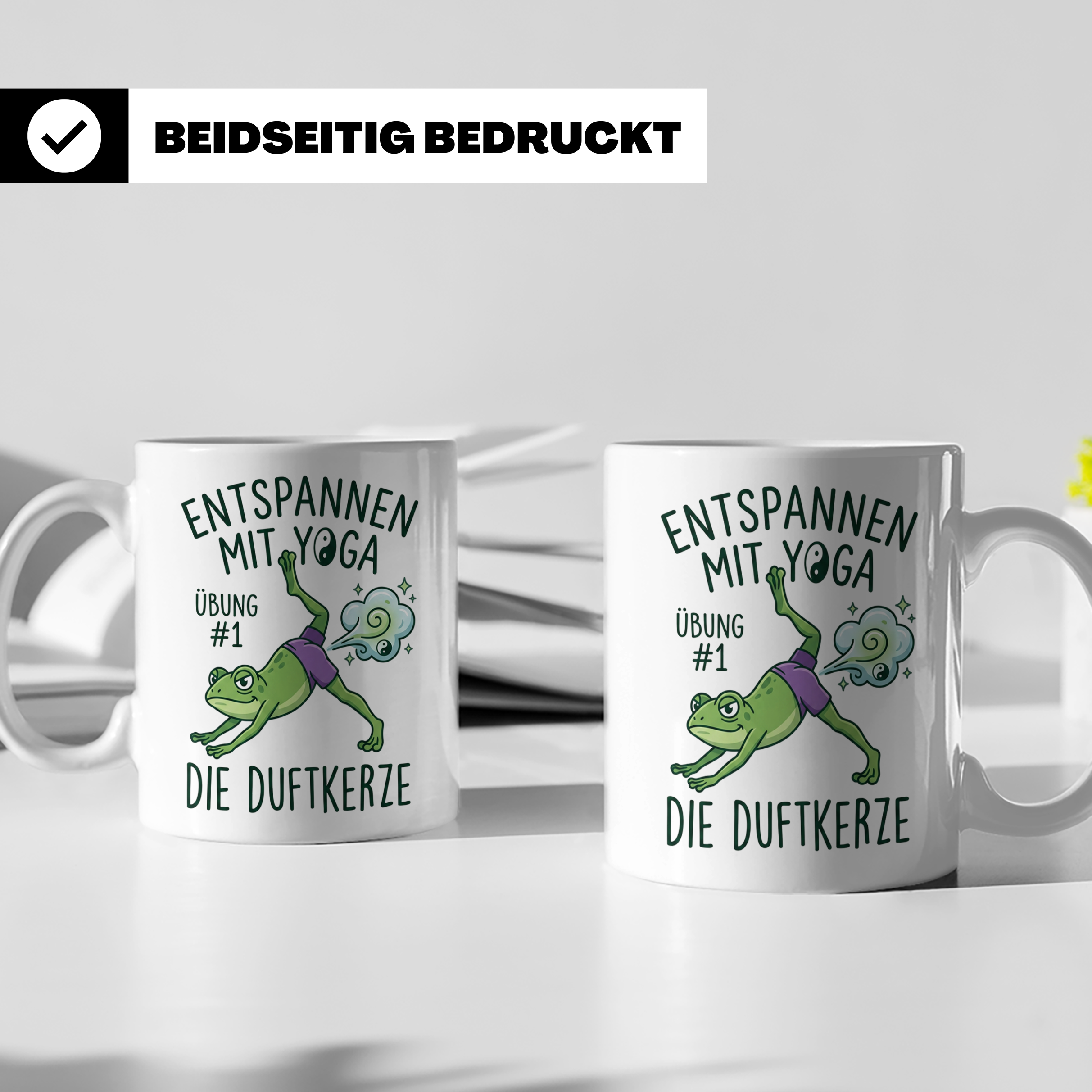 Yoga Frosch Tasse 'Die Duftkerze' lustig, Pups Spruch für Yo – Weiß [farbe:weiß]