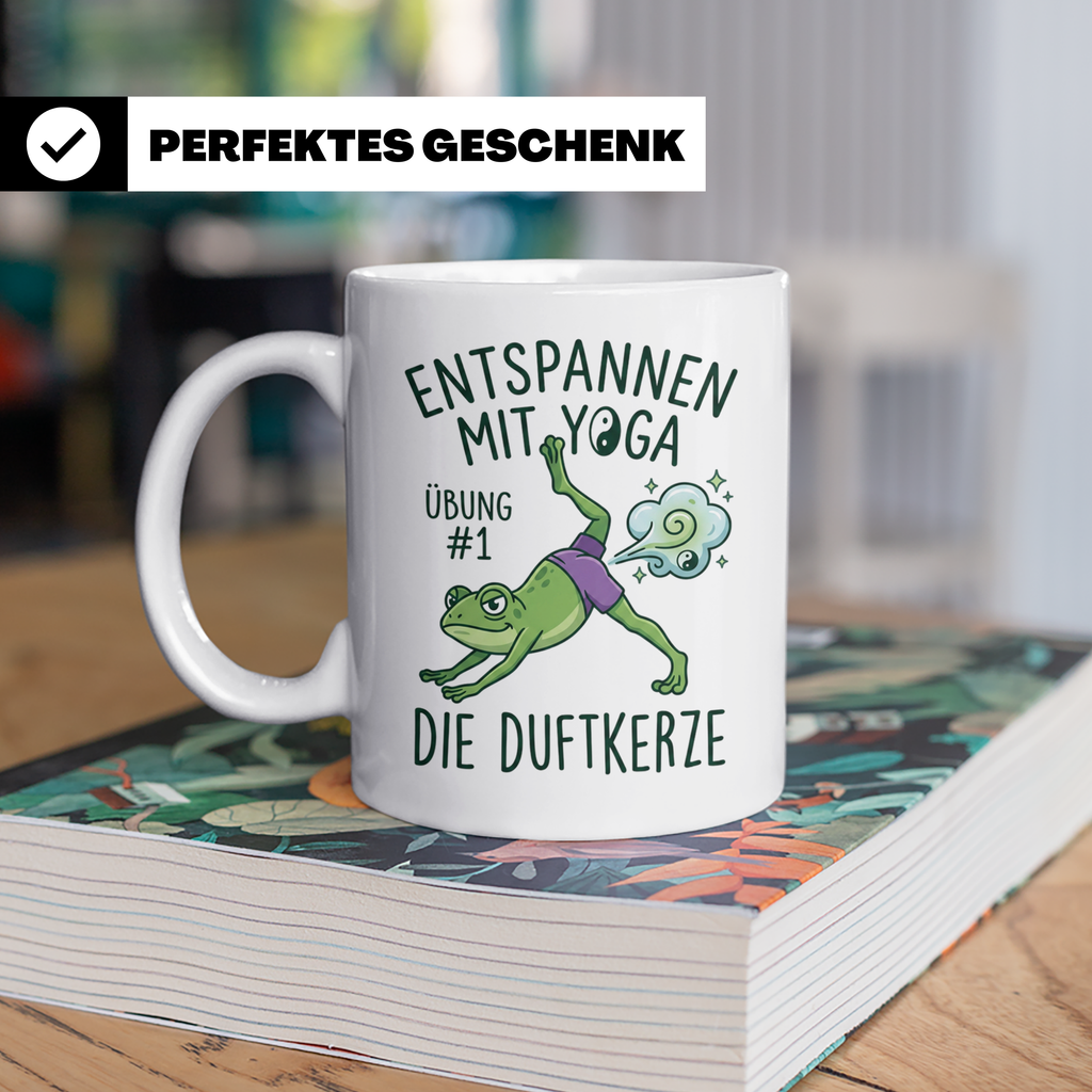 Yoga Frosch Tasse 'Die Duftkerze' lustig, Pups Spruch für Yo – Weiß [farbe:weiß]