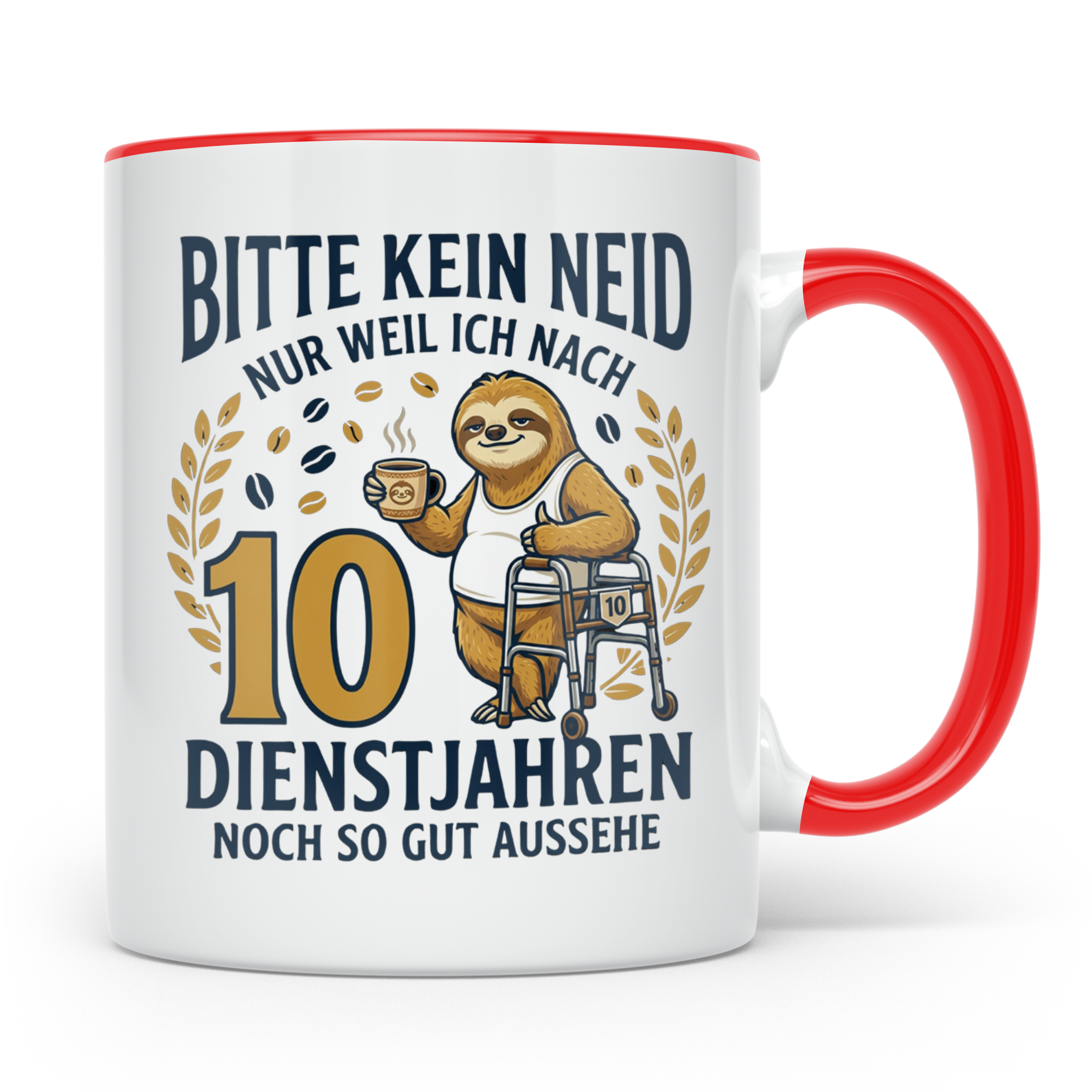 10 Jahre Dienstjubiläum Tasse Faultier Spruch für Kollegen l – Rot [farbe:rot]