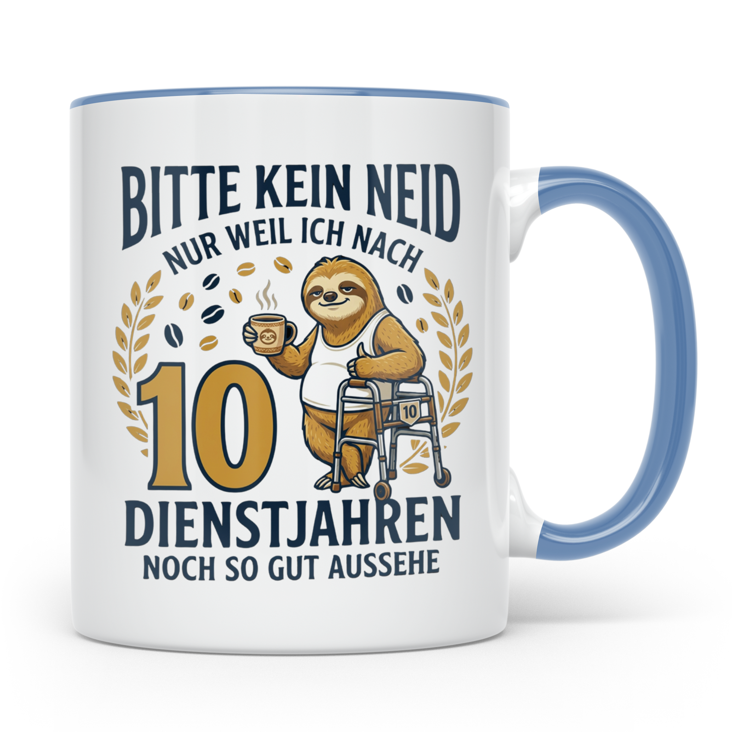 10 Jahre Dienstjubiläum Tasse Faultier Spruch für Kollegen l – Blau [farbe:blau]