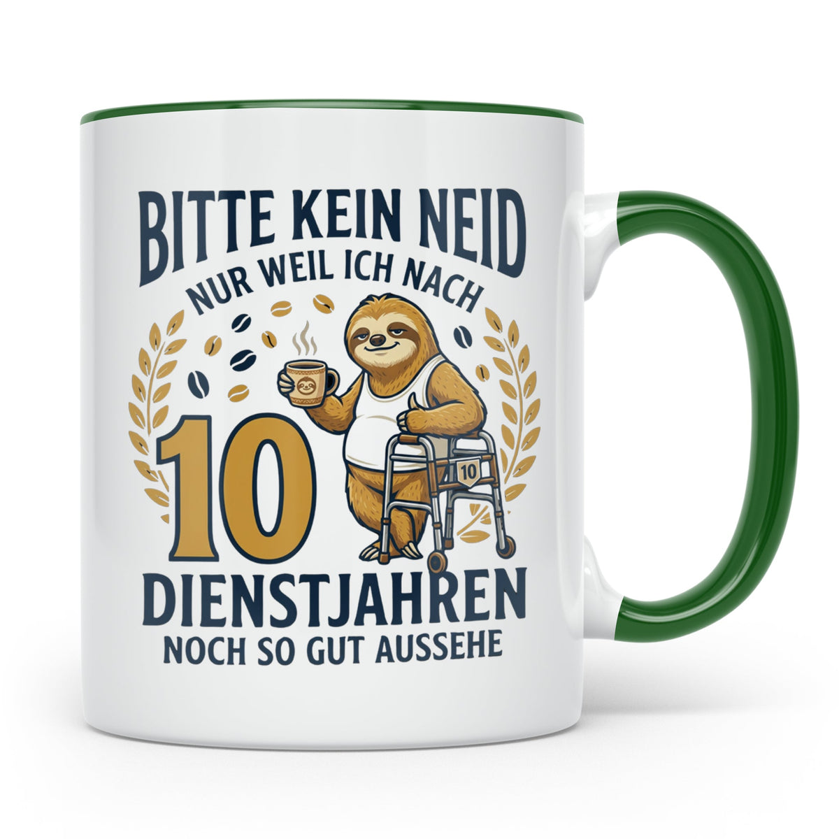 10 Jahre Dienstjubiläum Tasse Faultier Spruch für Kollegen l – Grün [farbe:grün]