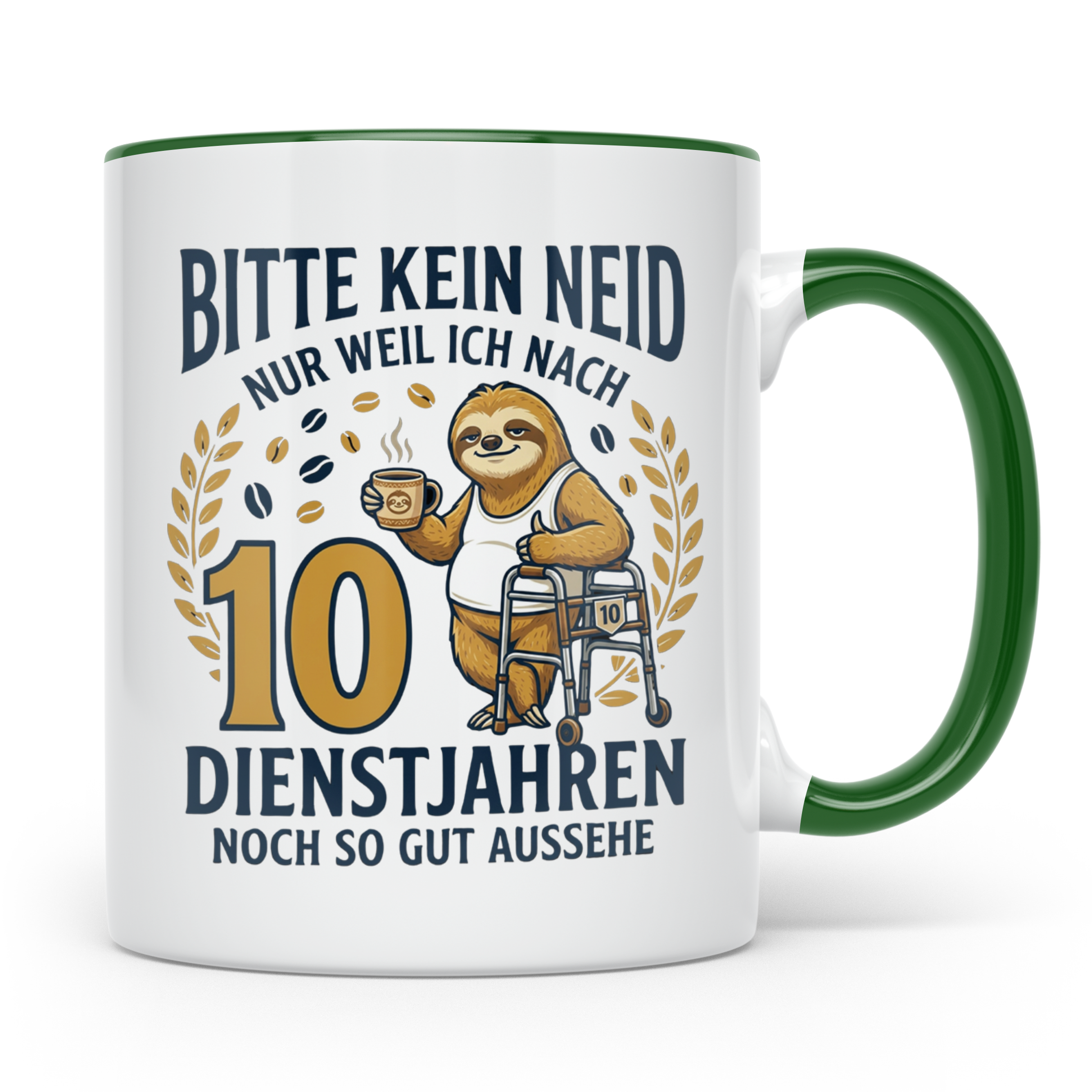 10 Jahre Dienstjubiläum Tasse Faultier Spruch für Kollegen l – Grün [farbe:grün]