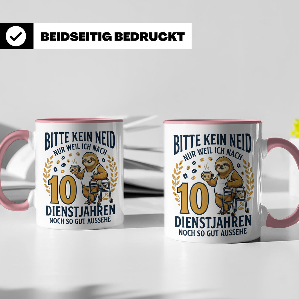 10 Jahre Dienstjubiläum Tasse Faultier Spruch für Kollegen l – Rosa [farbe:rosa]