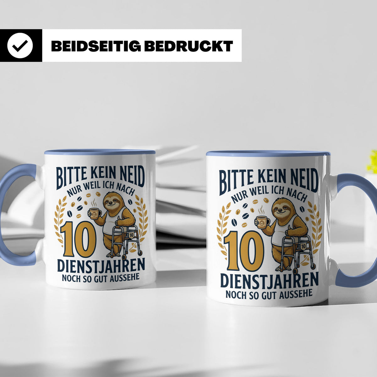 10 Jahre Dienstjubiläum Tasse Faultier Spruch für Kollegen l – Blau [farbe:blau]