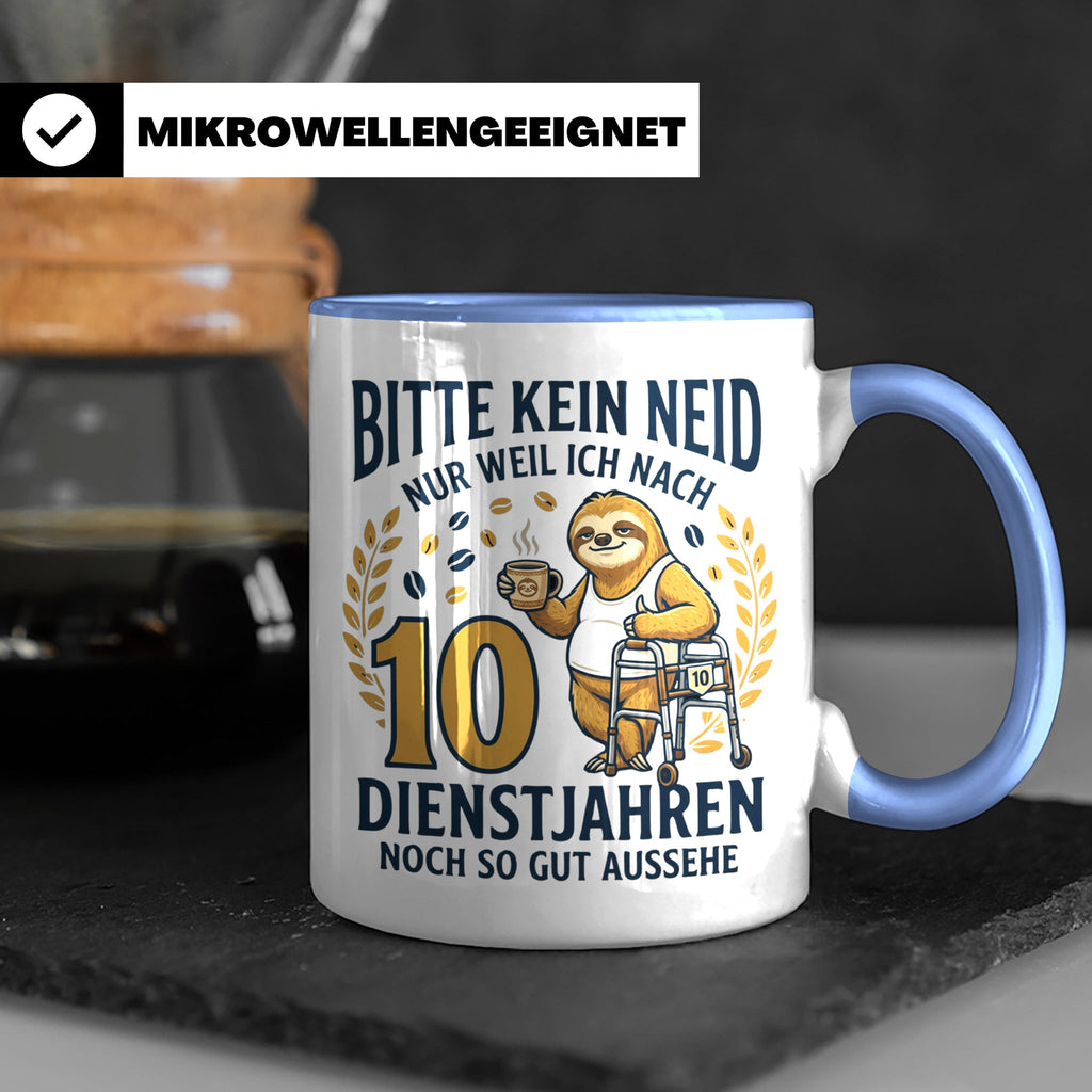 10 Jahre Dienstjubiläum Tasse Faultier Spruch für Kollegen l – Blau [farbe:blau]