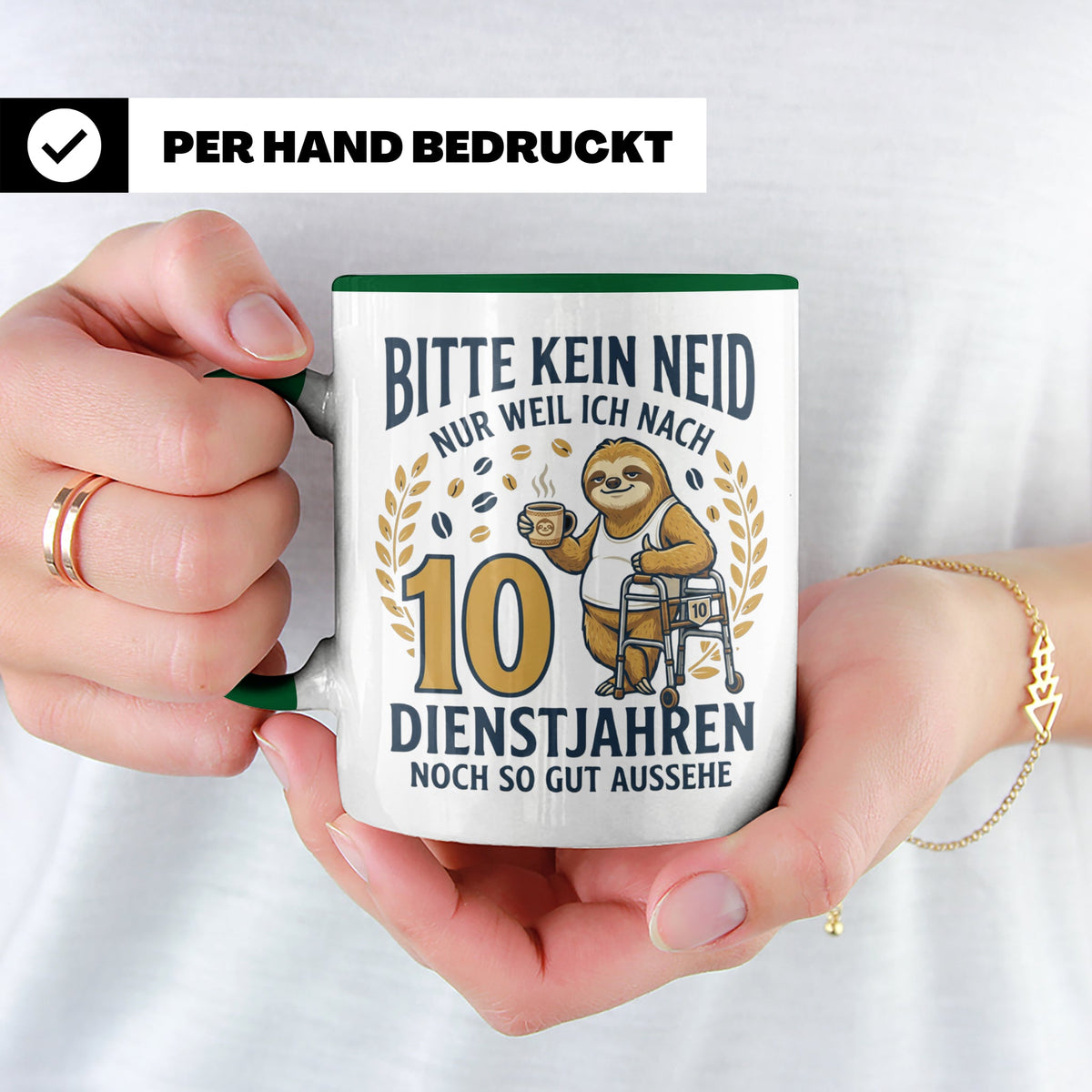 10 Jahre Dienstjubiläum Tasse Faultier Spruch für Kollegen l – Grün [farbe:grün]