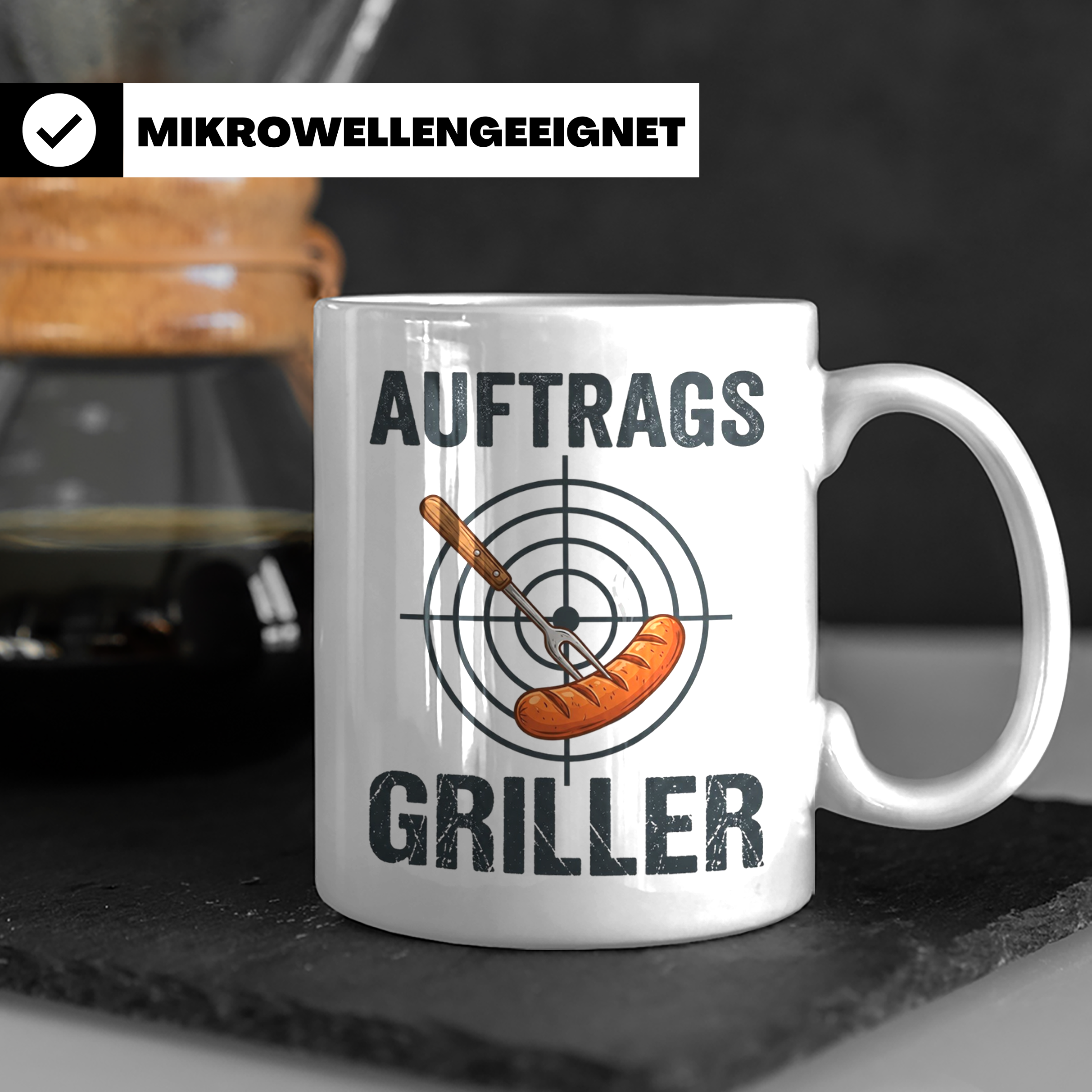 Auftragsgriller Tasse mit Spruch, Geschenk für Grillmeister  – Weiß [farbe:weiß]