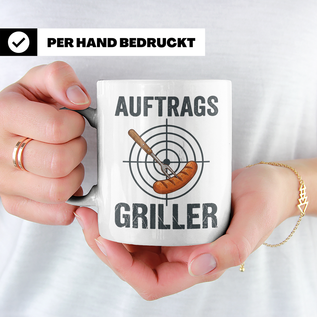 Auftragsgriller Tasse mit Spruch, Geschenk für Grillmeister  – Weiß [farbe:weiß]