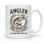 Angler Tasse mit Hecht Spruch Weil alles Schöne einen Haken  – Weiß [farbe:weiß]