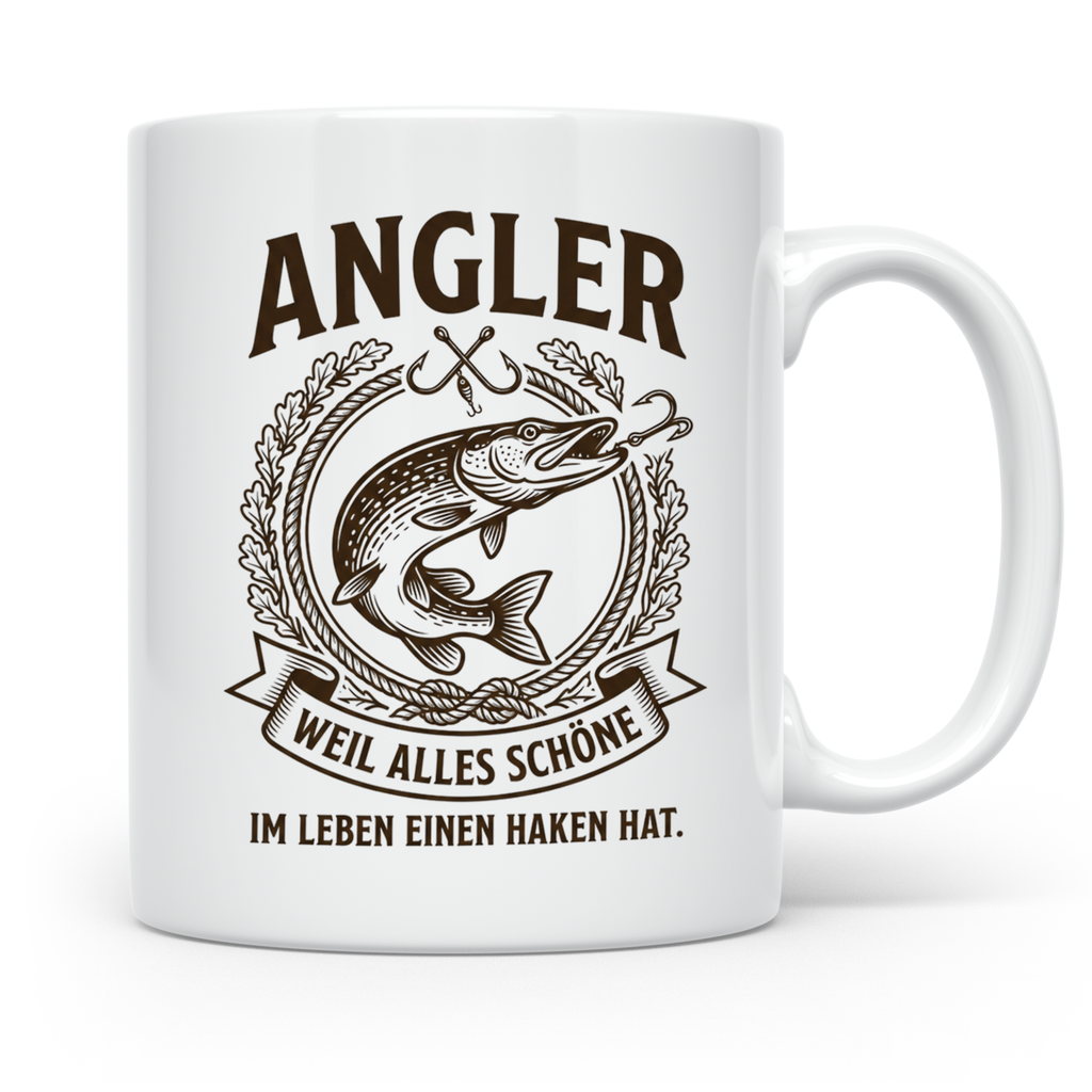 Angler Tasse mit Hecht Spruch Weil alles Schöne einen Haken  – Weiß [farbe:weiß]