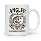 Angler Tasse mit Hecht Spruch Weil alles Schöne einen Haken  – Weiß [farbe:weiß]