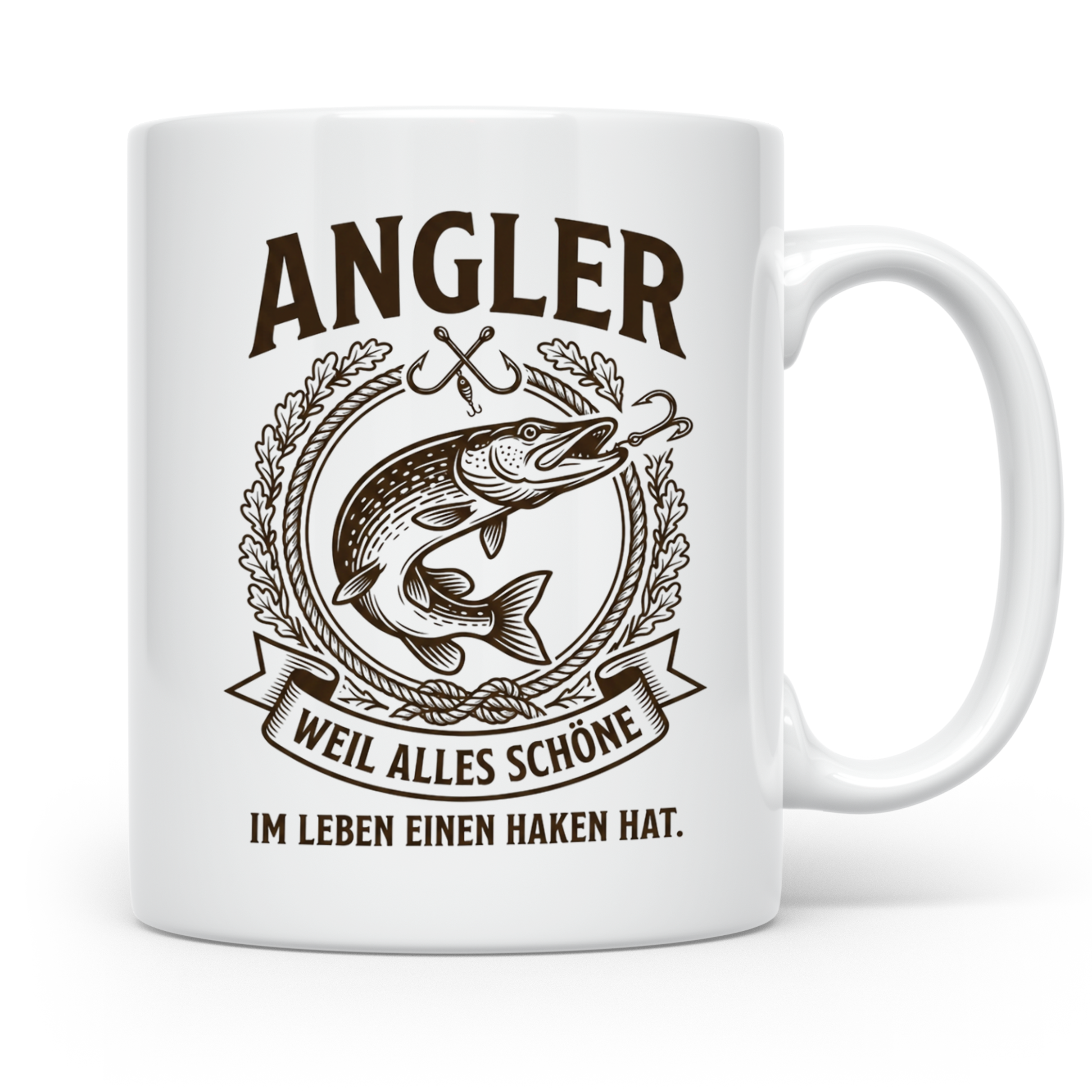 Angler Tasse mit Hecht Spruch Weil alles Schöne einen Haken  – Weiß [farbe:weiß]