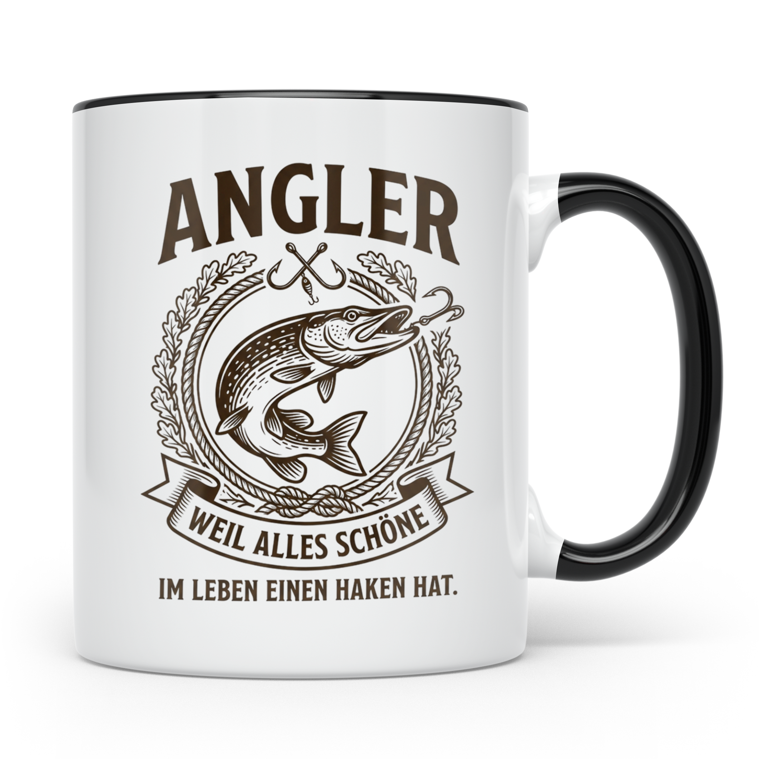 Angler Tasse mit Hecht Spruch Weil alles Schöne einen Haken  – Schwarz [farbe:schwarz]
