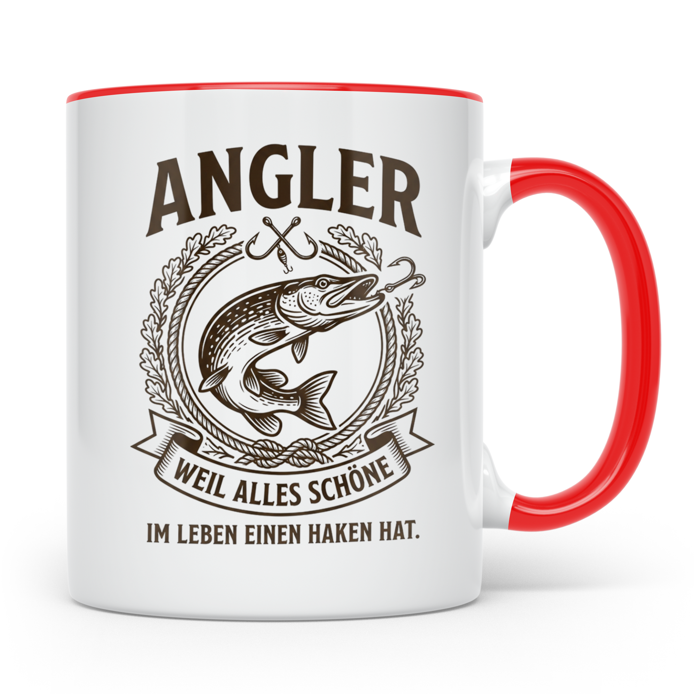 Angler Tasse mit Hecht Spruch Weil alles Schöne einen Haken  – Rot [farbe:rot]
