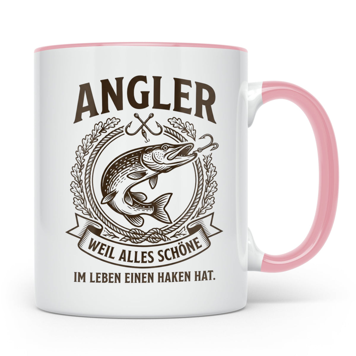 Angler Tasse mit Hecht Spruch Weil alles Schöne einen Haken  – Rosa [farbe:rosa]
