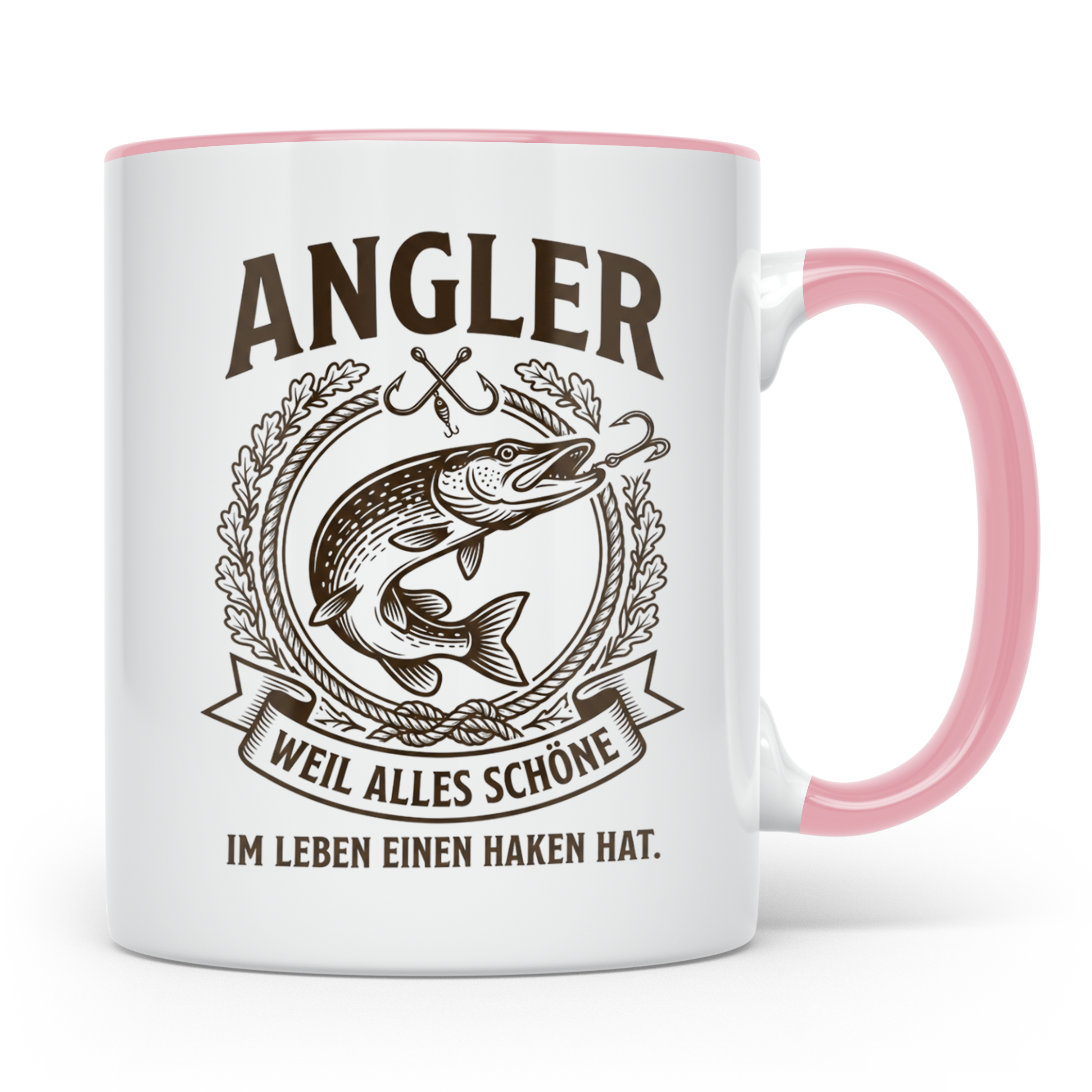 Angler Tasse mit Hecht Spruch Weil alles Schöne einen Haken  – Rosa [farbe:rosa]