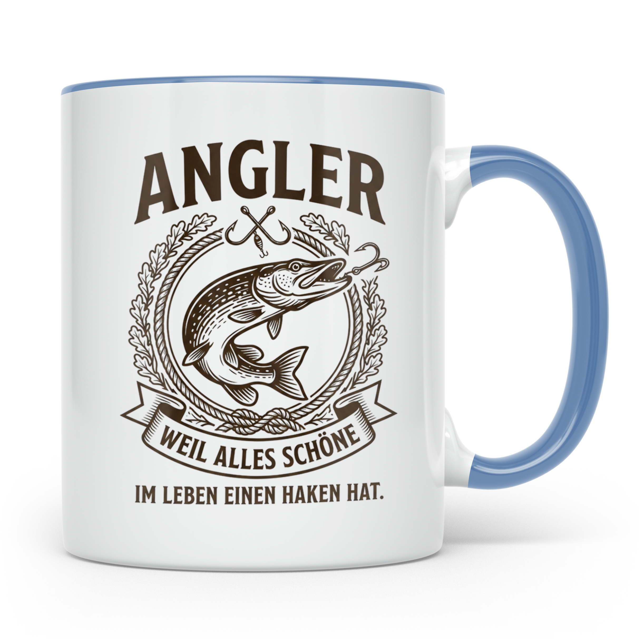 Angler Tasse mit Hecht Spruch Weil alles Schöne einen Haken  – Blau [farbe:blau]