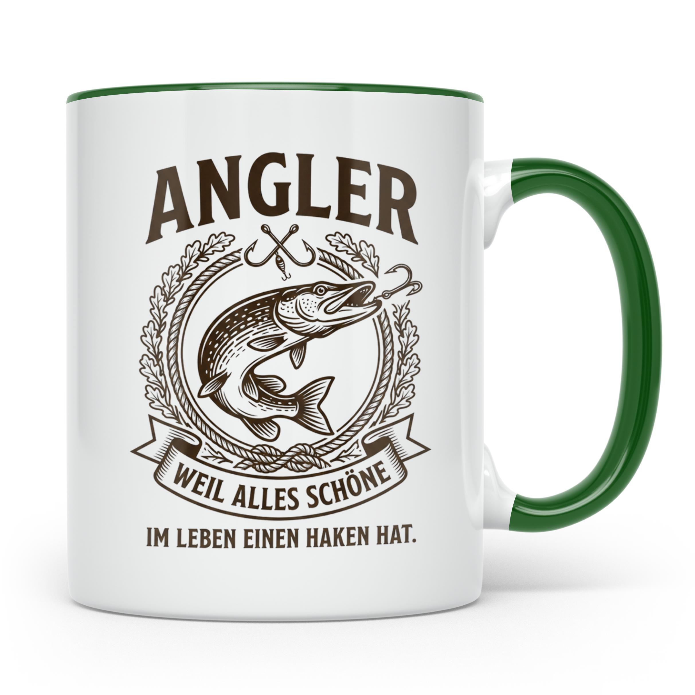 Angler Tasse mit Hecht Spruch Weil alles Schöne einen Haken  – Grün [farbe:grün]