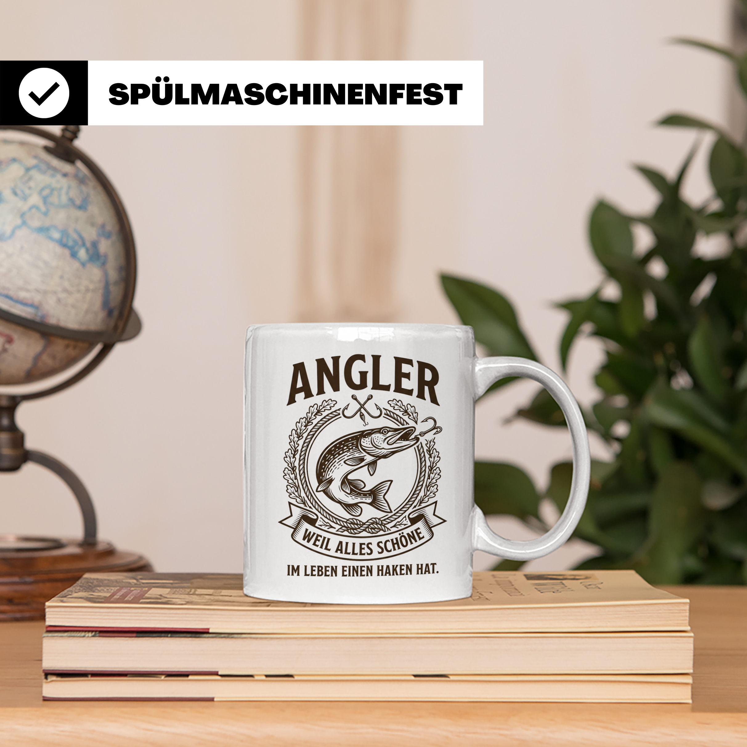 Angler Tasse mit Hecht Spruch Weil alles Schöne einen Haken  – Weiß [farbe:weiß]